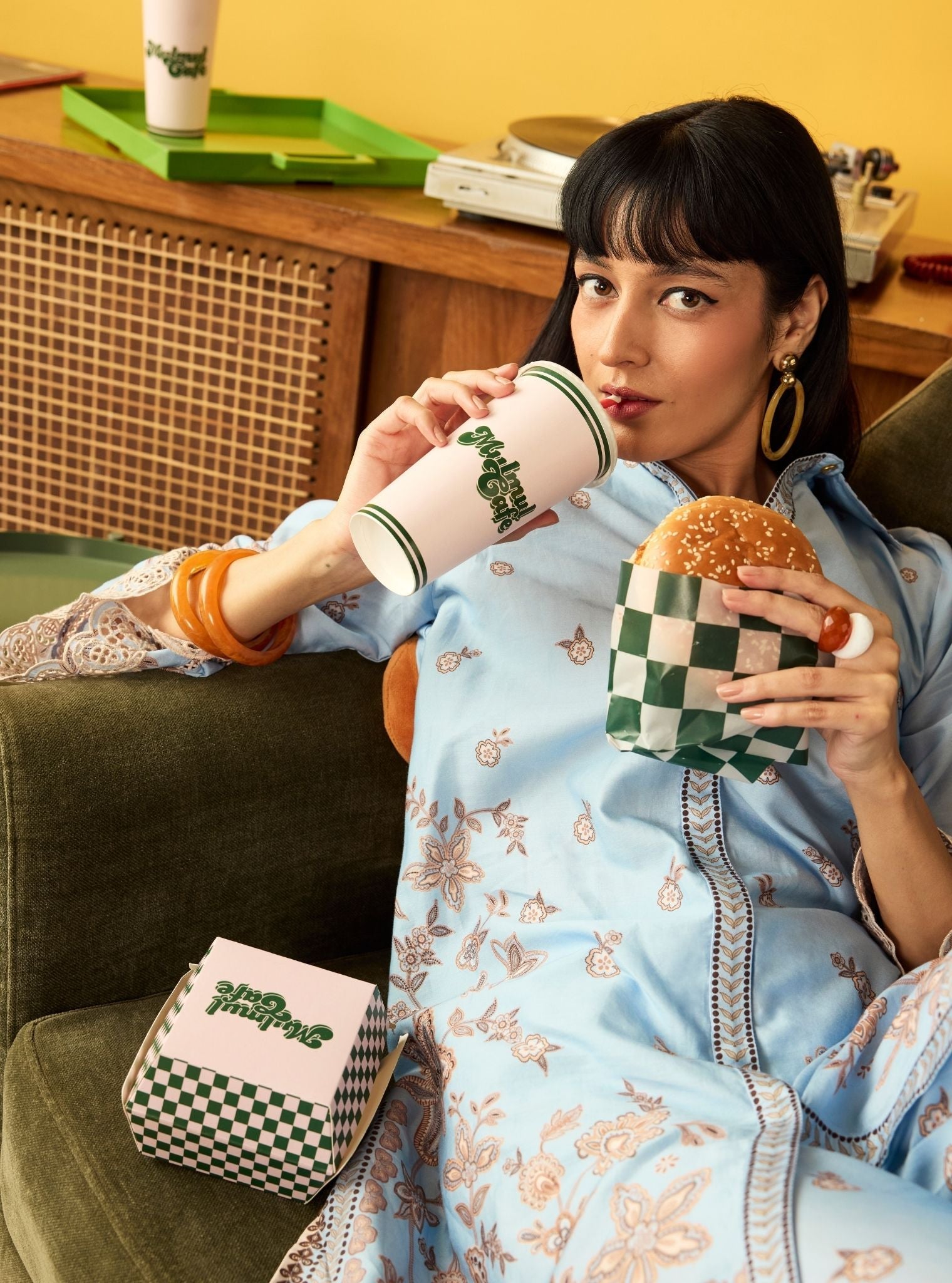 Zavi Pima Satin Blue Printed Kurta Shirt Set