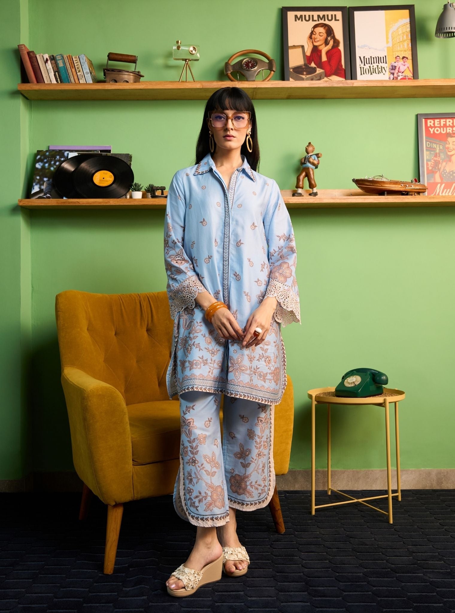 Zavi Pima Satin Blue Printed Kurta Shirt Set