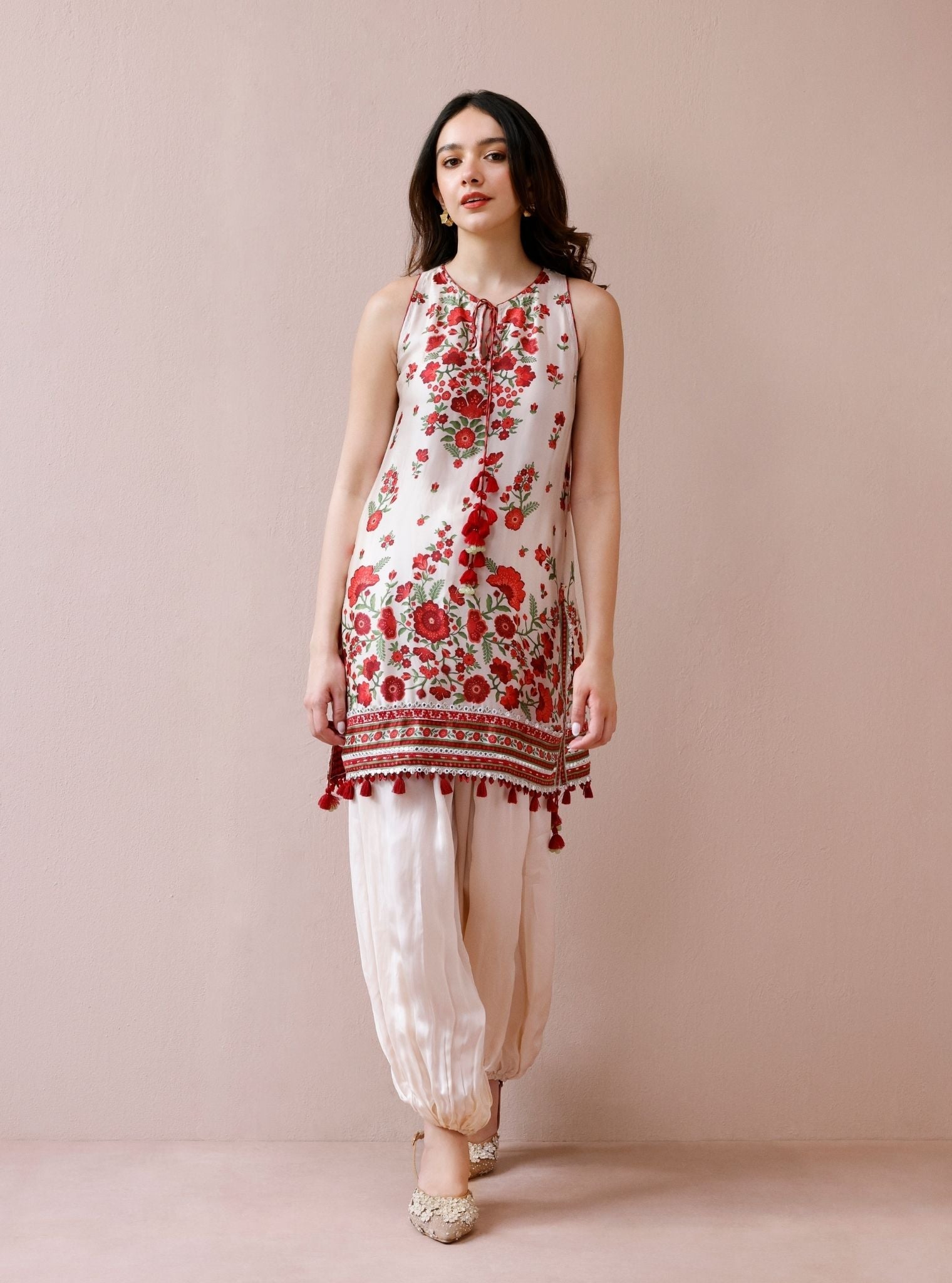 Mivya Cupro Satin Off-white Kurta with Balloon Pants