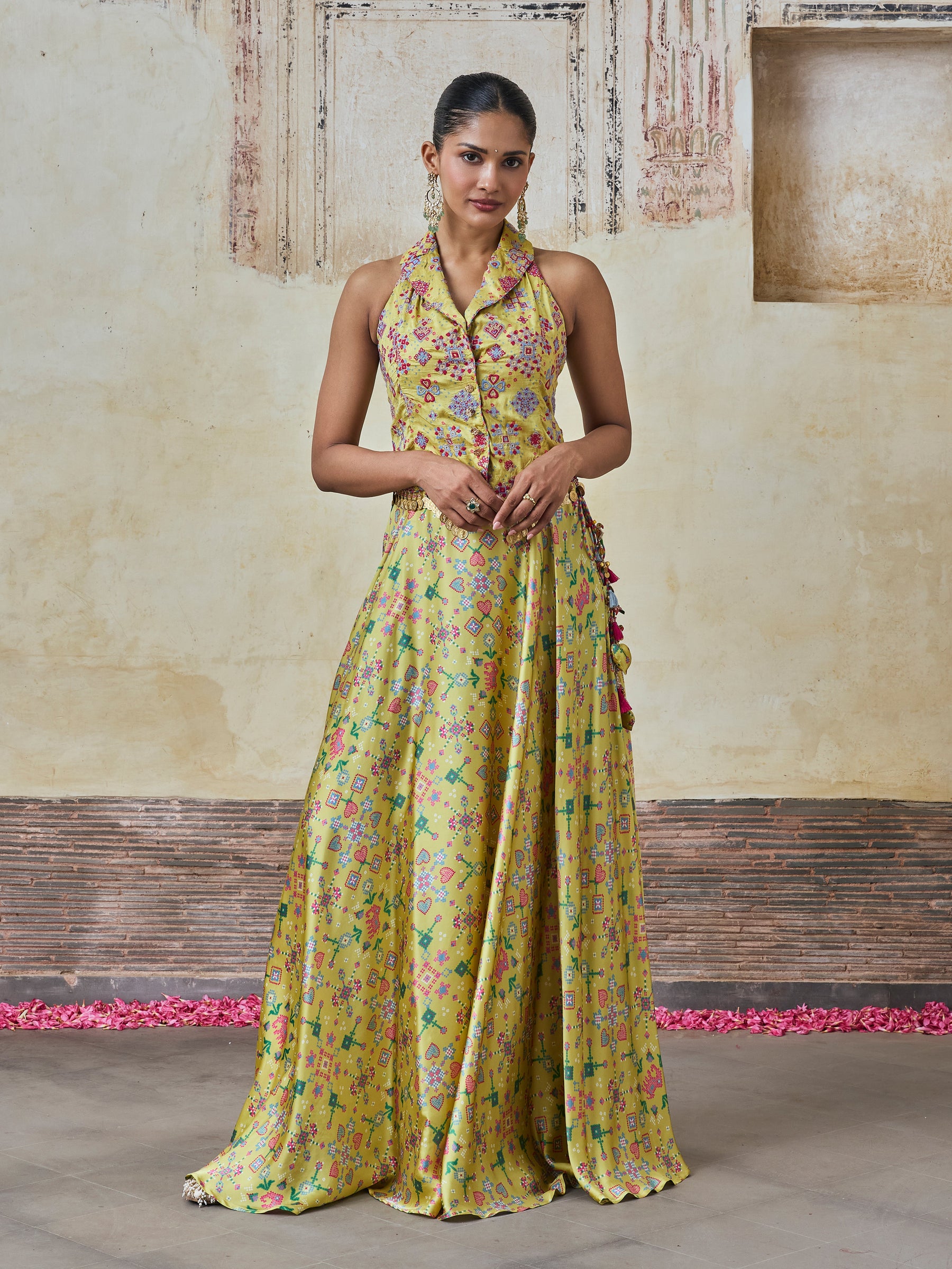Sarangni Bemberg Raw Silk Printed Lime Waistcoat & Skirt Set