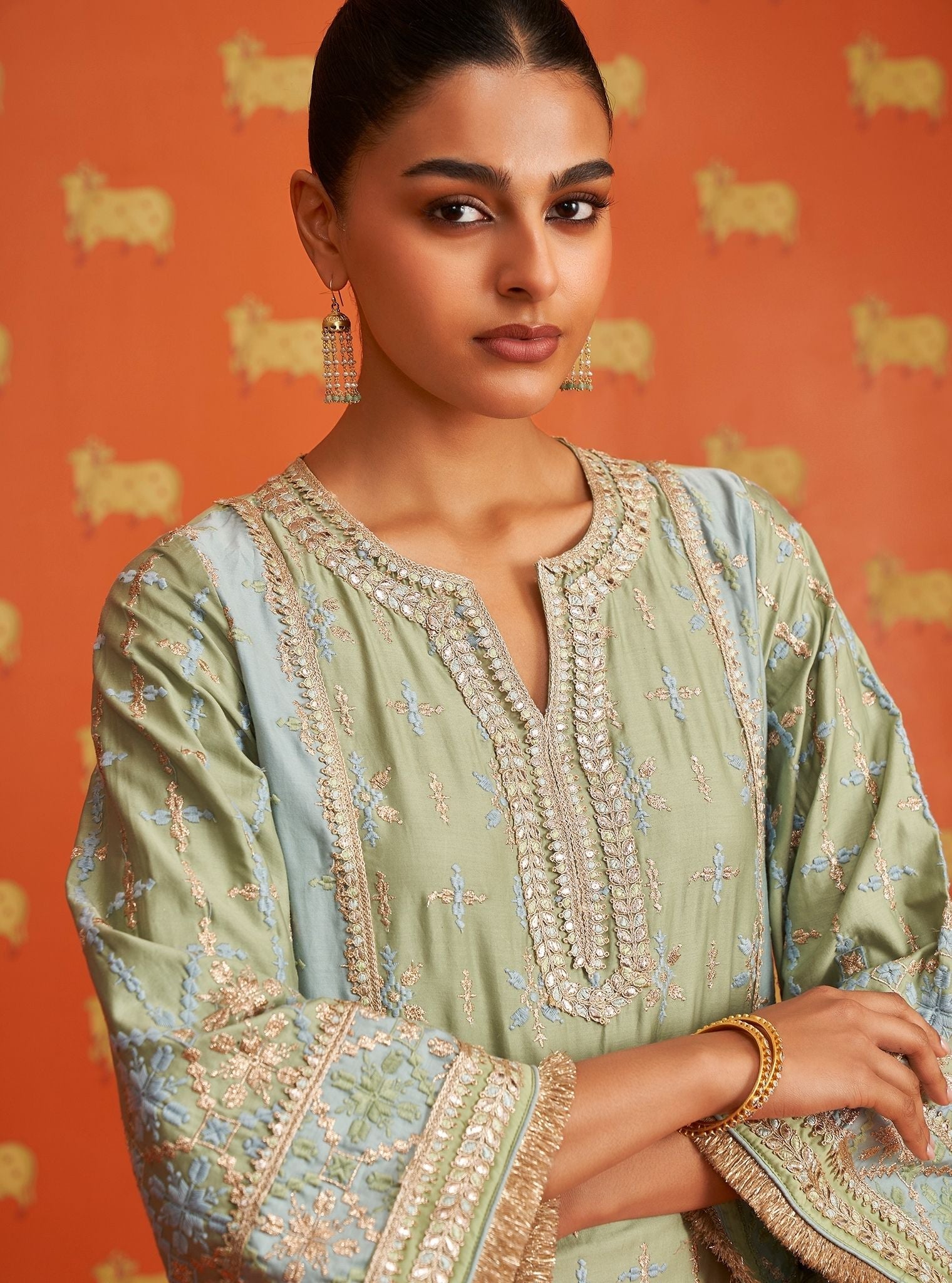 Mulmul Pima Satin Anya Green Kurta With Mulmul Pima Satin Anya Green Pant