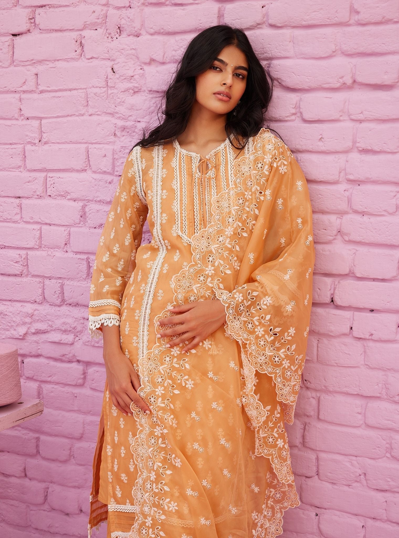 Mulmul Oganza Aarina Orange Kurta With Mulmul Cotton Aarina Orange Pant