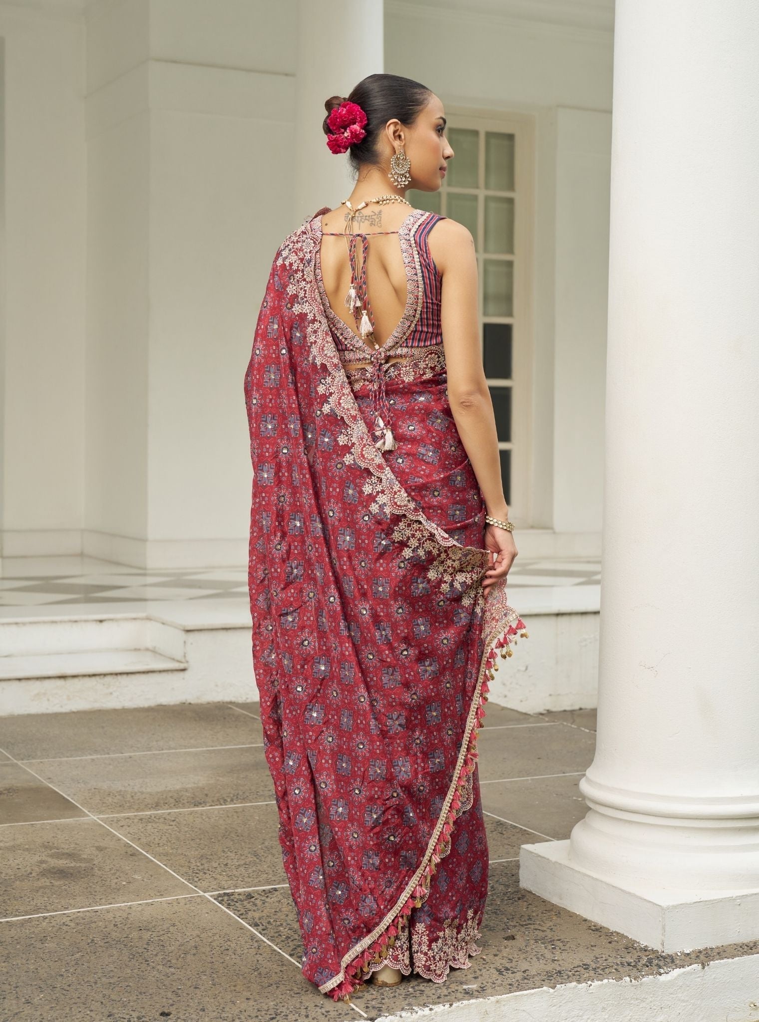 Noorani Viscose Glass Organza Red Ajrakh Print Saree
