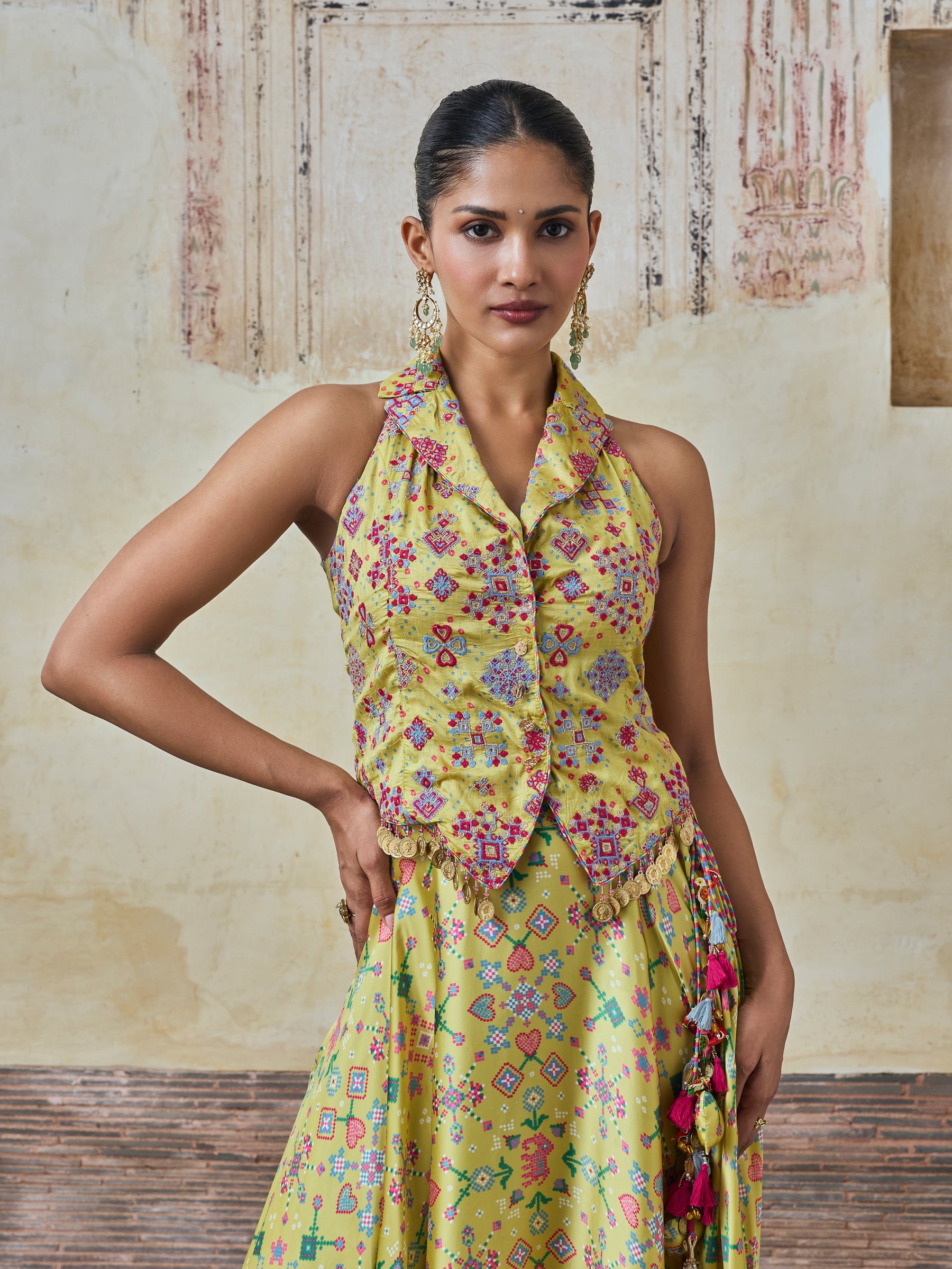 Sarangni Bemberg Raw Silk Printed Lime Waistcoat & Skirt Set