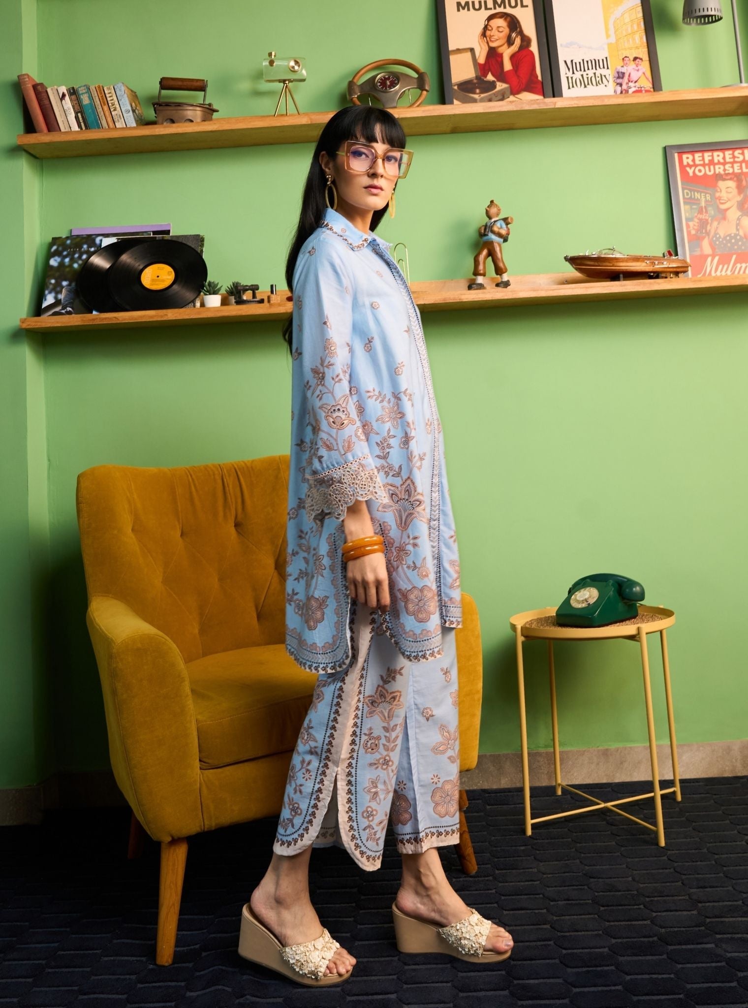 Zavi Pima Satin Blue Printed Kurta Shirt Set