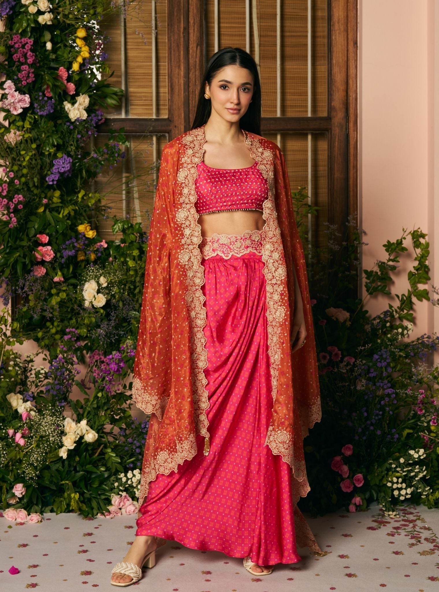 Mali Glass Organza Fuchsia Skirt Set With Cape