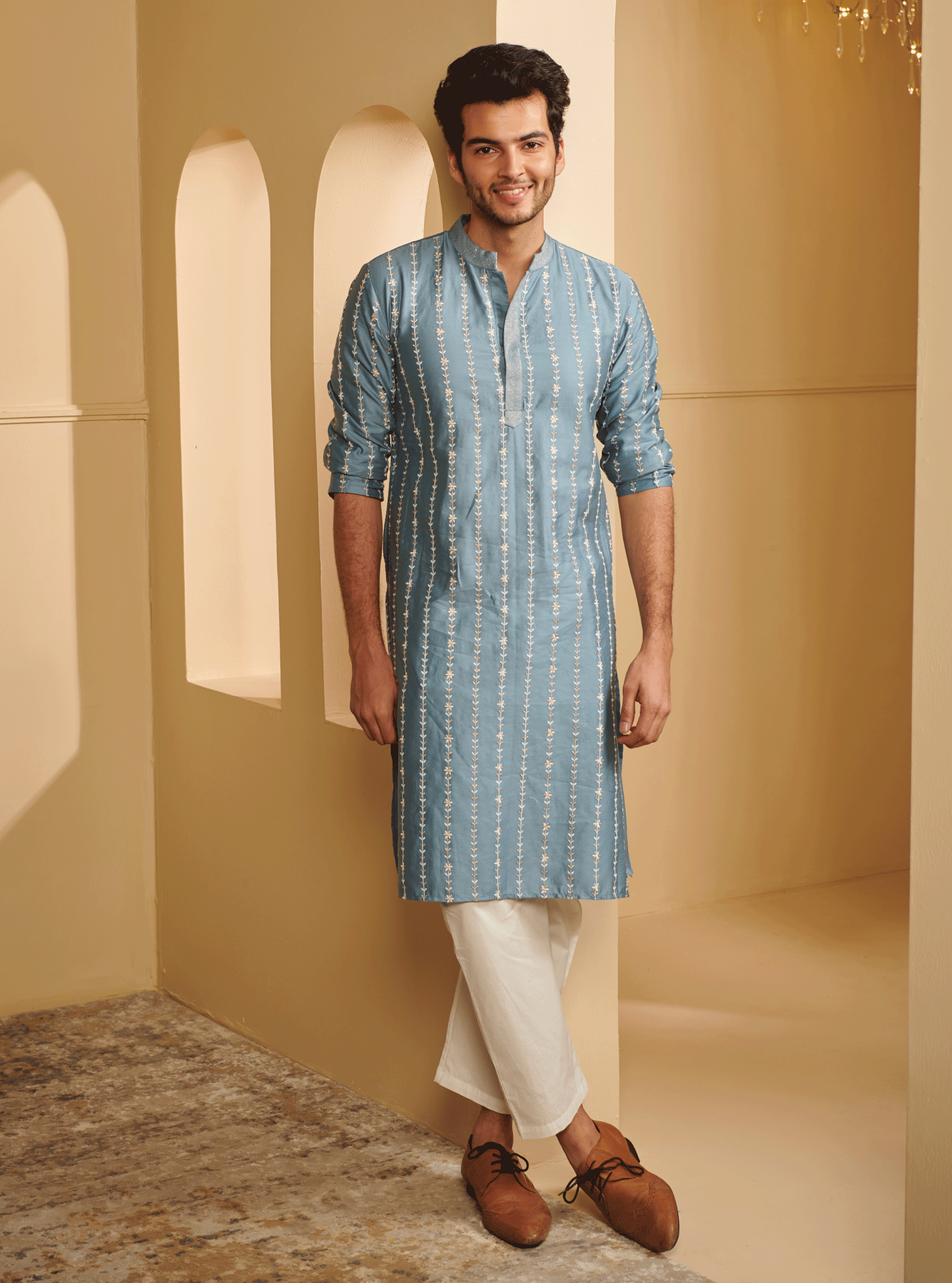 Mulmul Pima Satin Sol Denim Kurta With Mulmul Supima Cotton Sol White Pyajama