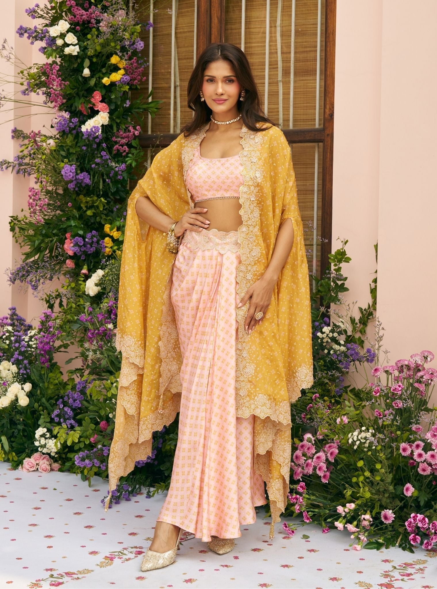 Mali Glass Organza Pink Skirt Set With Cape