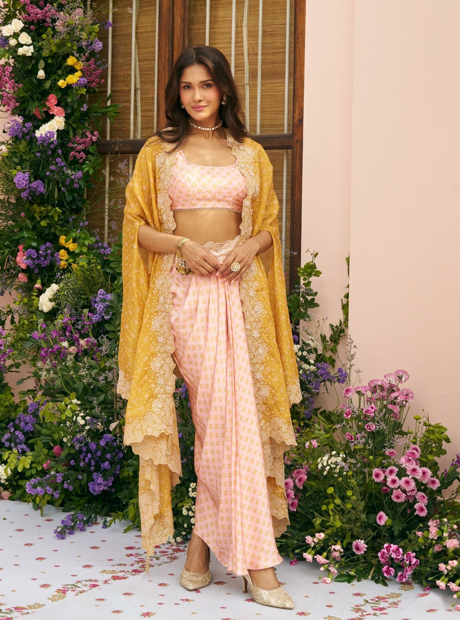 Mali Glass Organza Pink Skirt Set With Cape