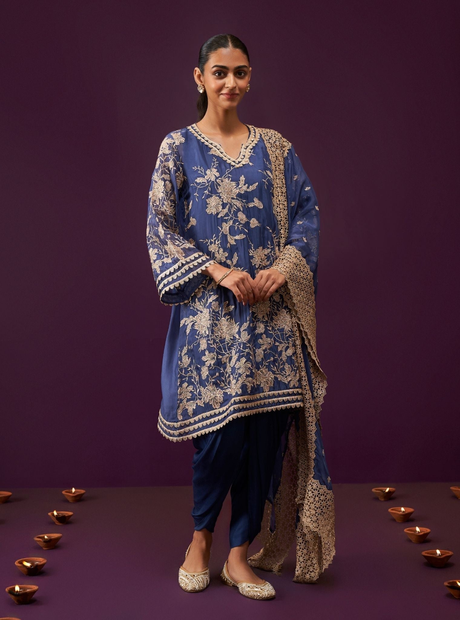 Mulmul Organza Sunee Navy Kurta With Mulmul Cupro Satin Sunee Navy Salwar