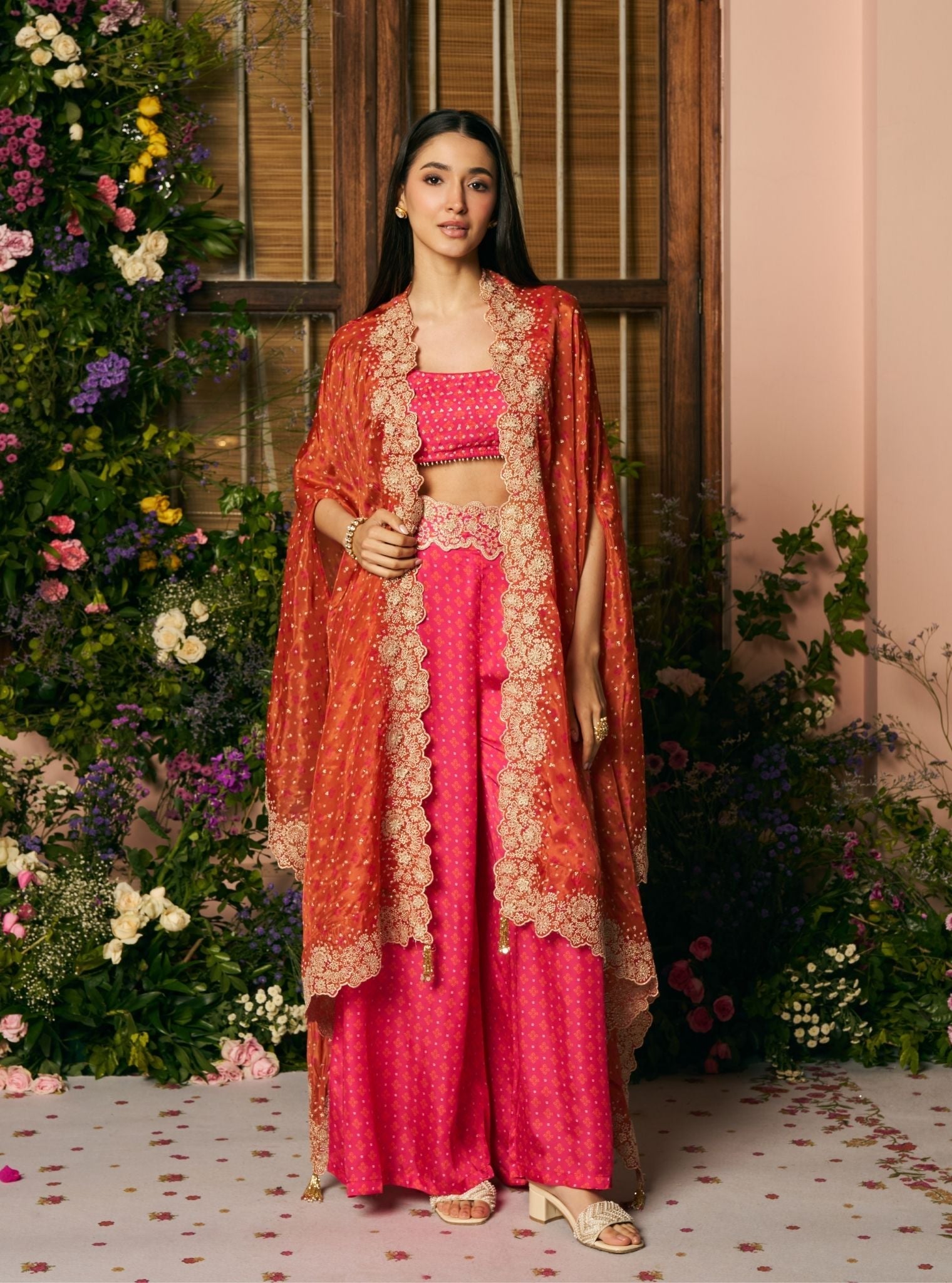 Mali Glass Organza Fuchsia Pant Set With Cape