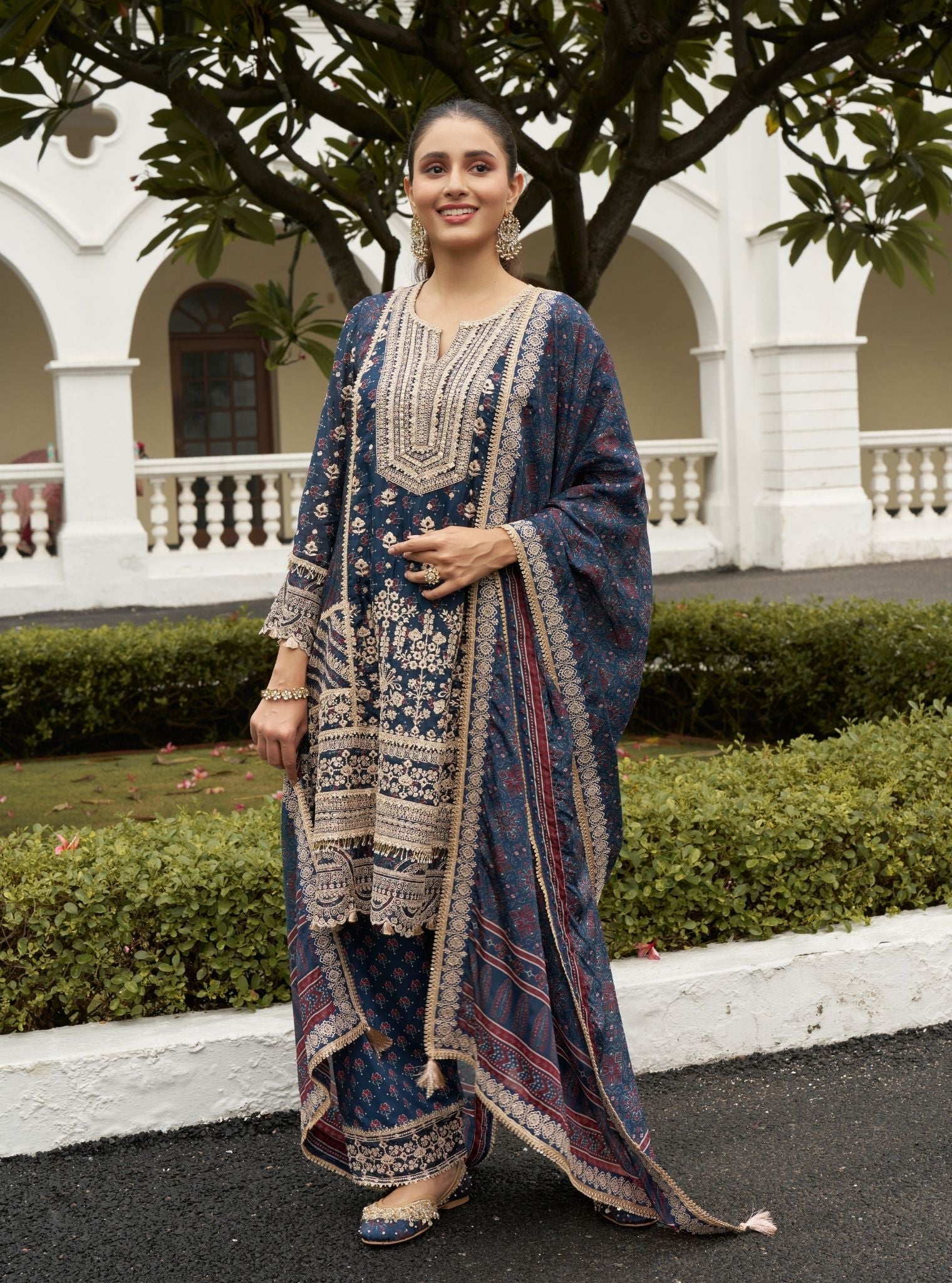 Jhoomar Viscose Glass Organza Navy Ajrakh Print Kurta Set