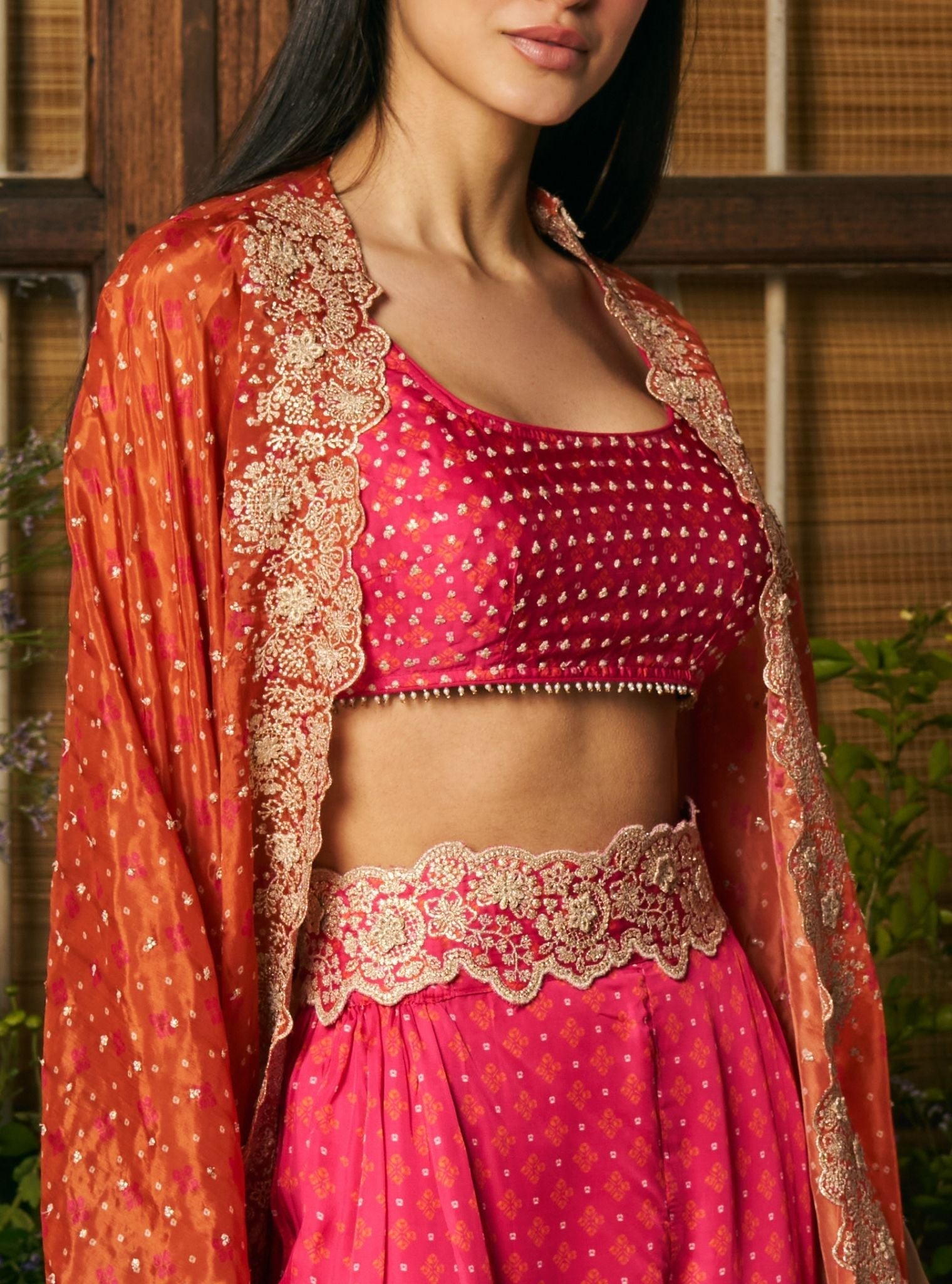 Mali Glass Organza Fuchsia Pant Set With Cape