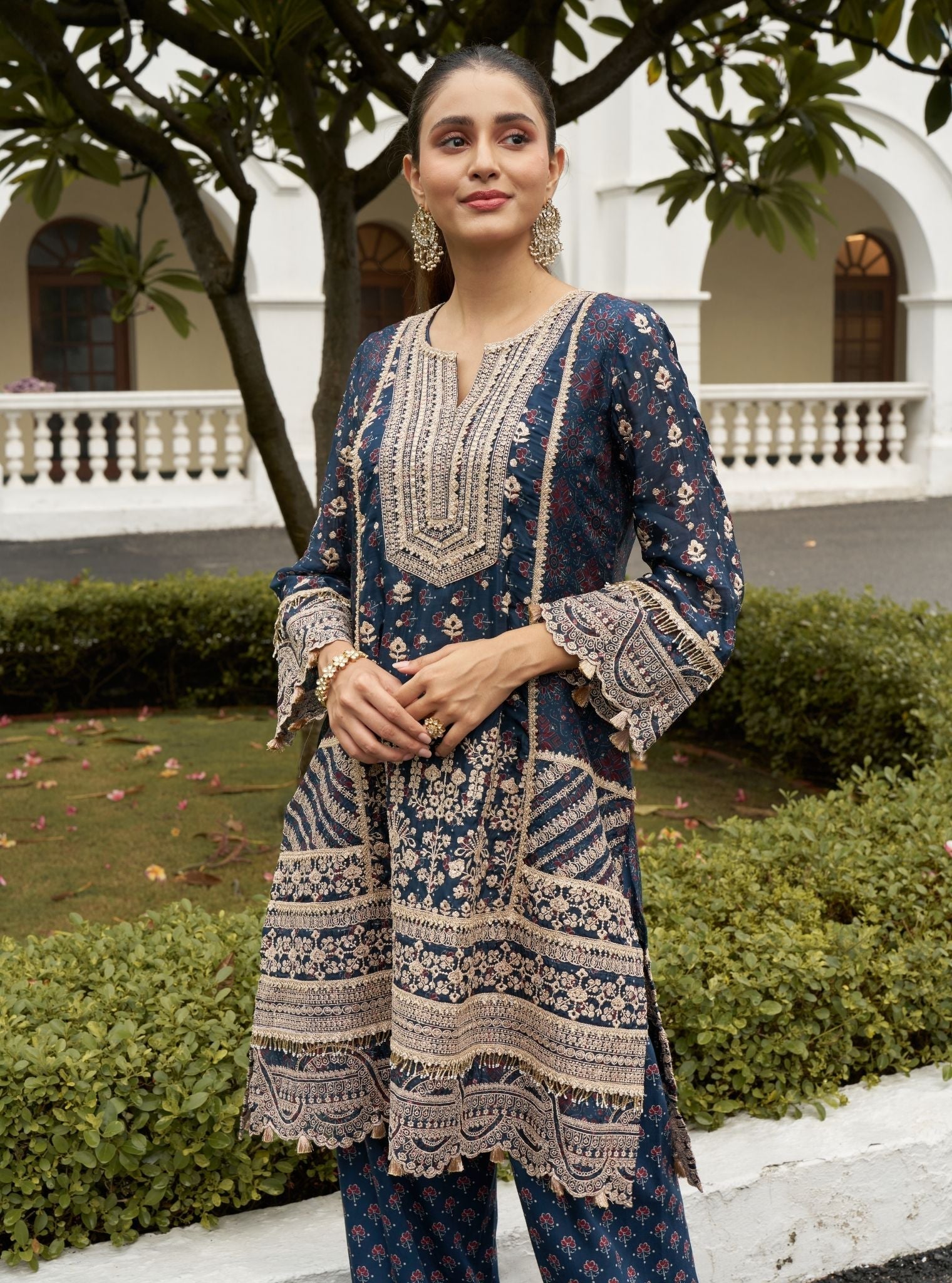 Jhoomar Viscose Glass Organza Navy Ajrakh Print Kurta Set