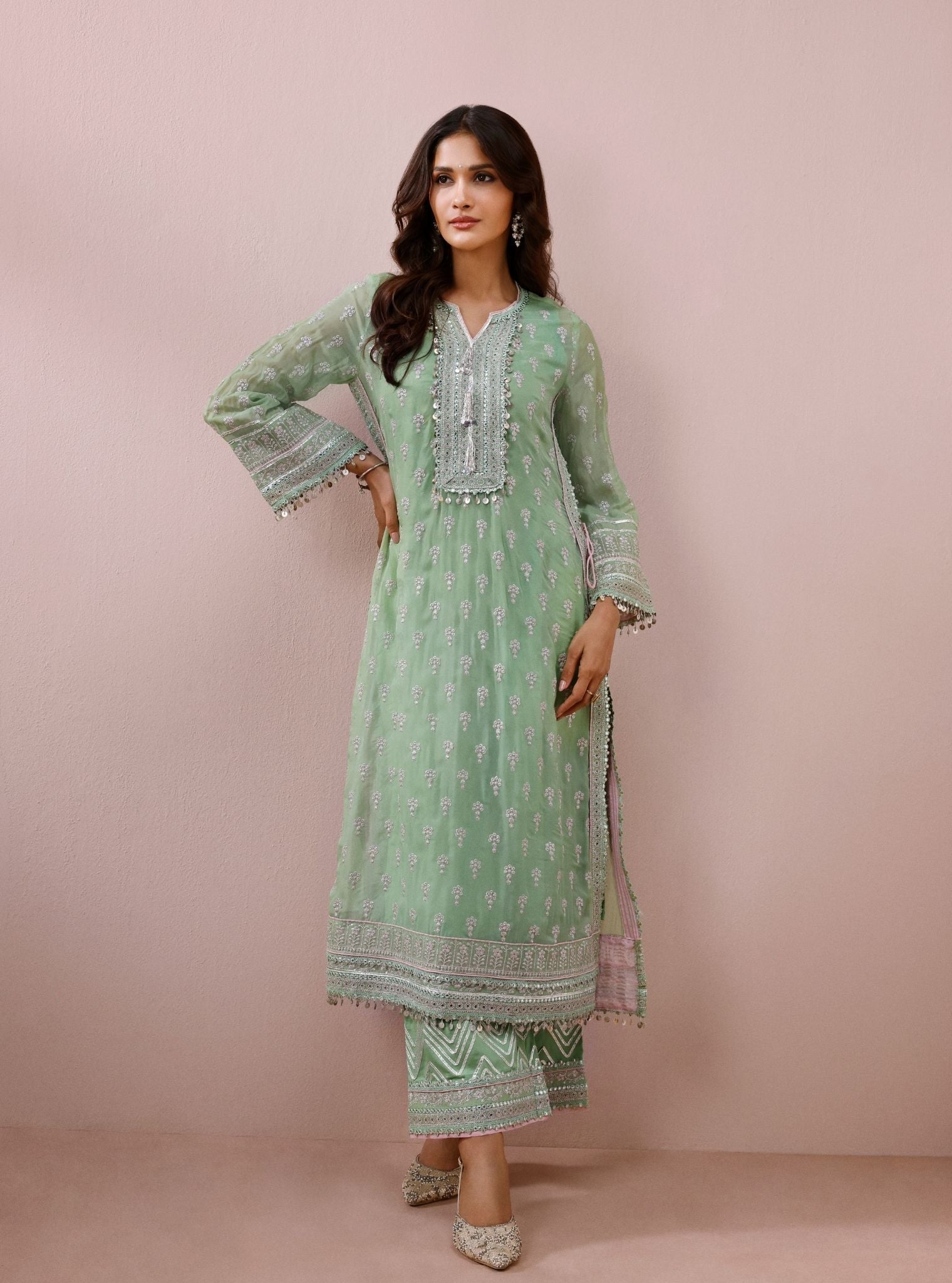 Mevi Organza Pista Green Long Kurta Set