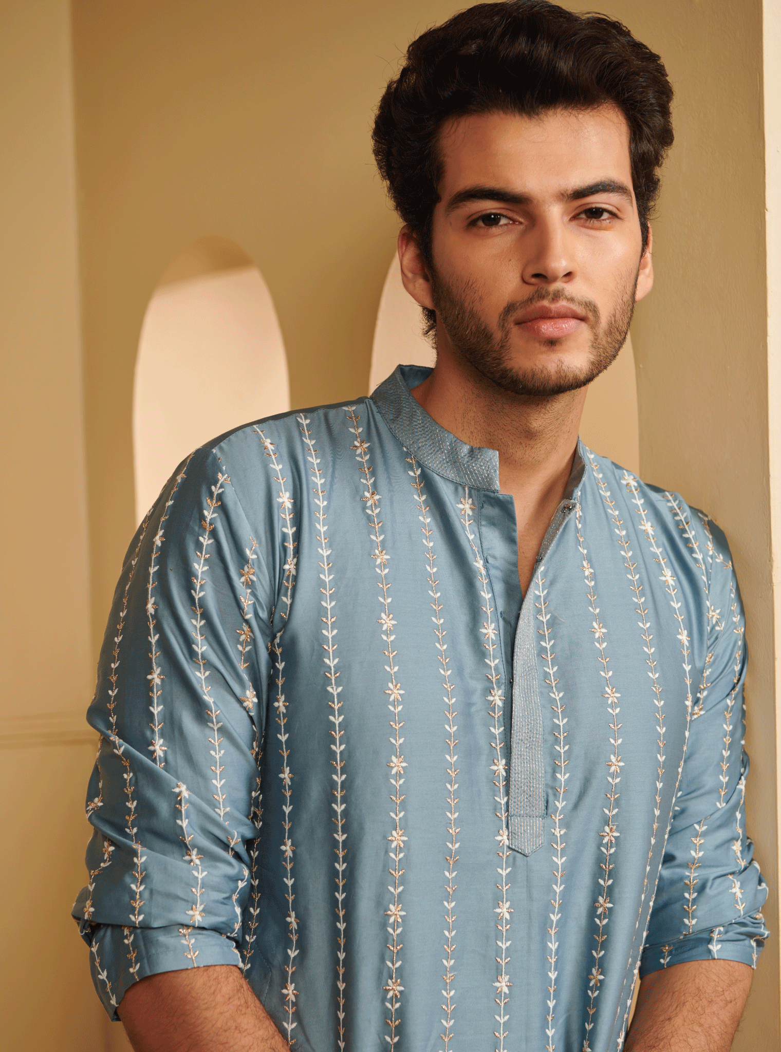 Mulmul Pima Satin Sol Denim Kurta With Mulmul Supima Cotton Sol White Pyajama