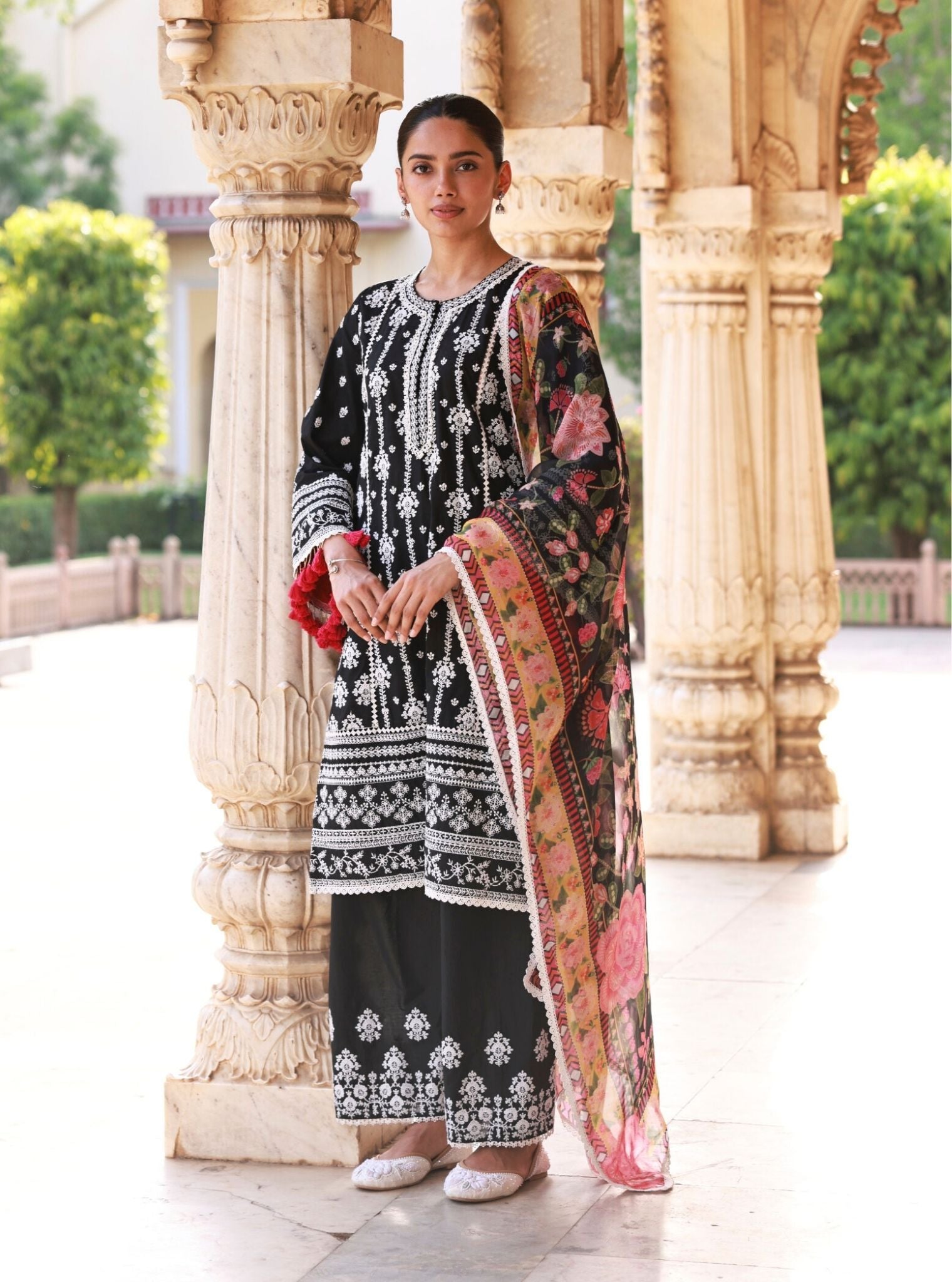Mulmul Supima Cotton Lomeya Printed Black Dupatta