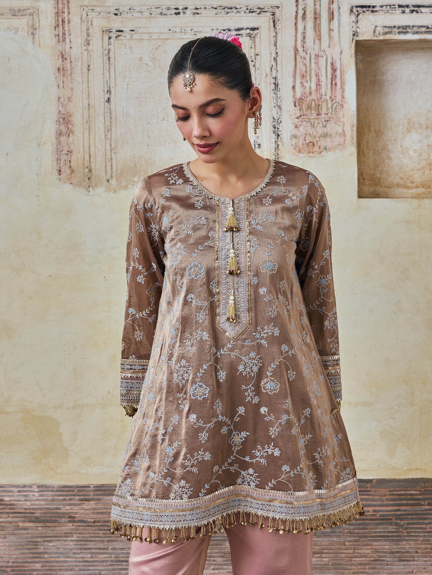 Odhira Tissue Organza Brown & Pink Kurta Set