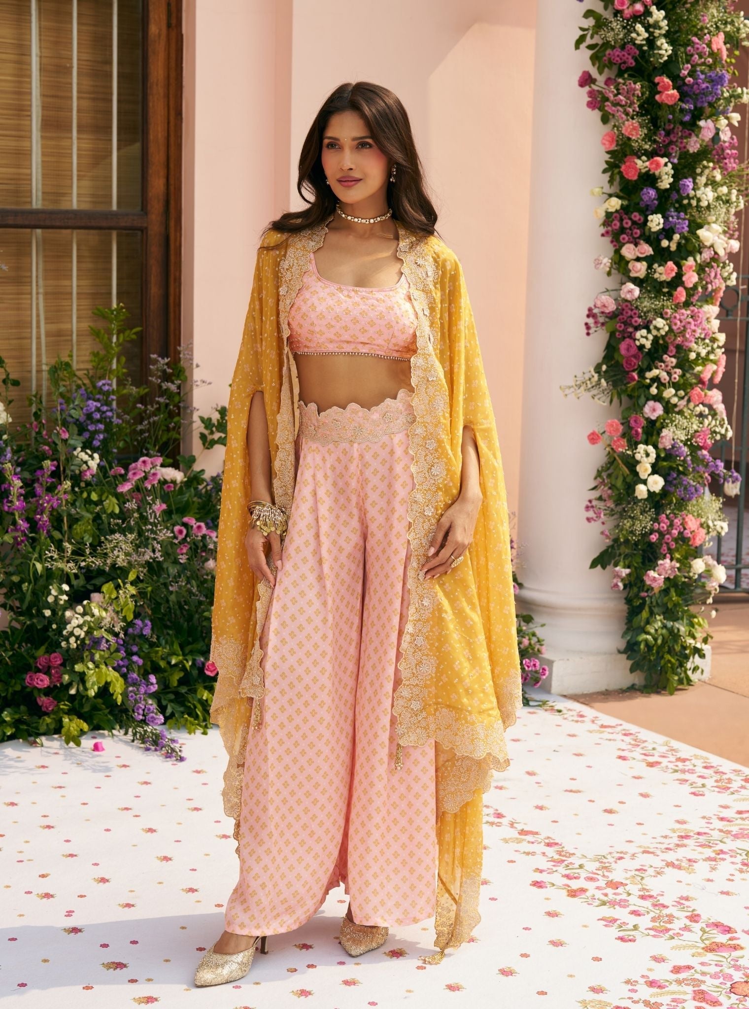 Mali Glass Organza Pink Pant Set With Cape
