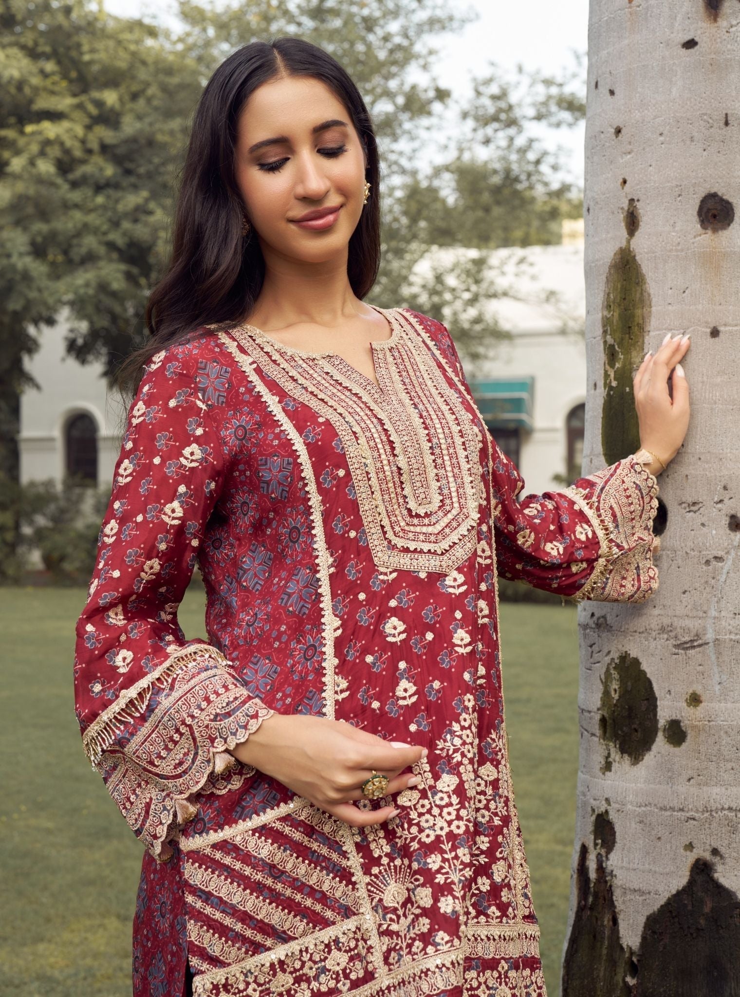 Jhoomar Viscose Glass Organza Red Ajrakh Print Kurta Set