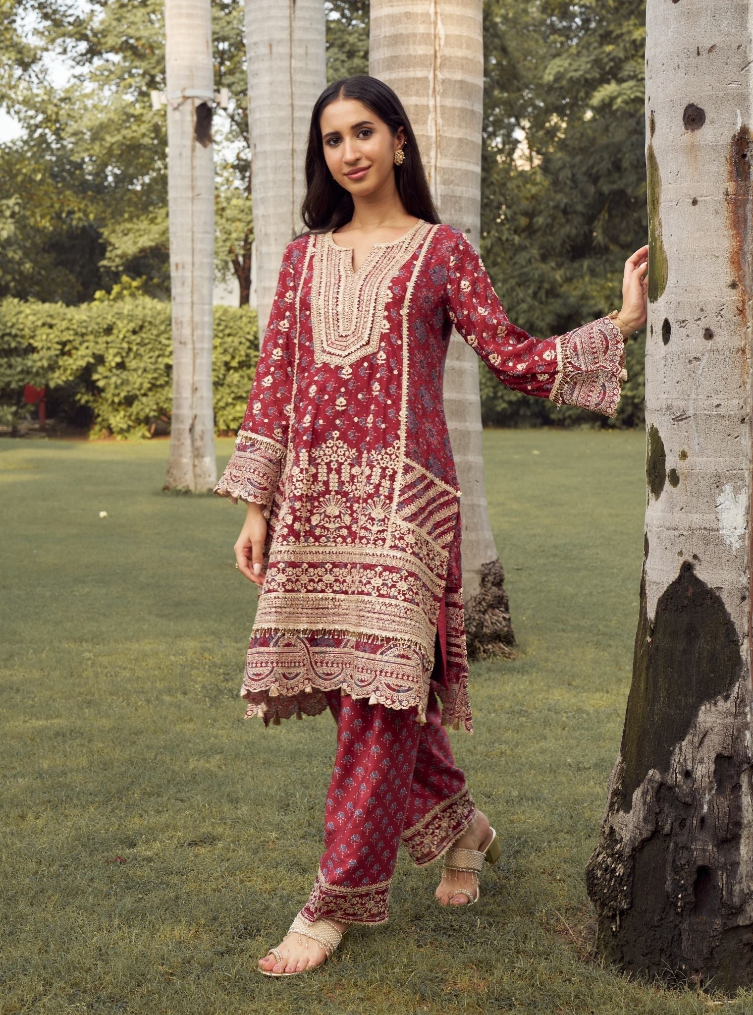 Jhoomar Viscose Glass Organza Red Ajrakh Print Kurta Set