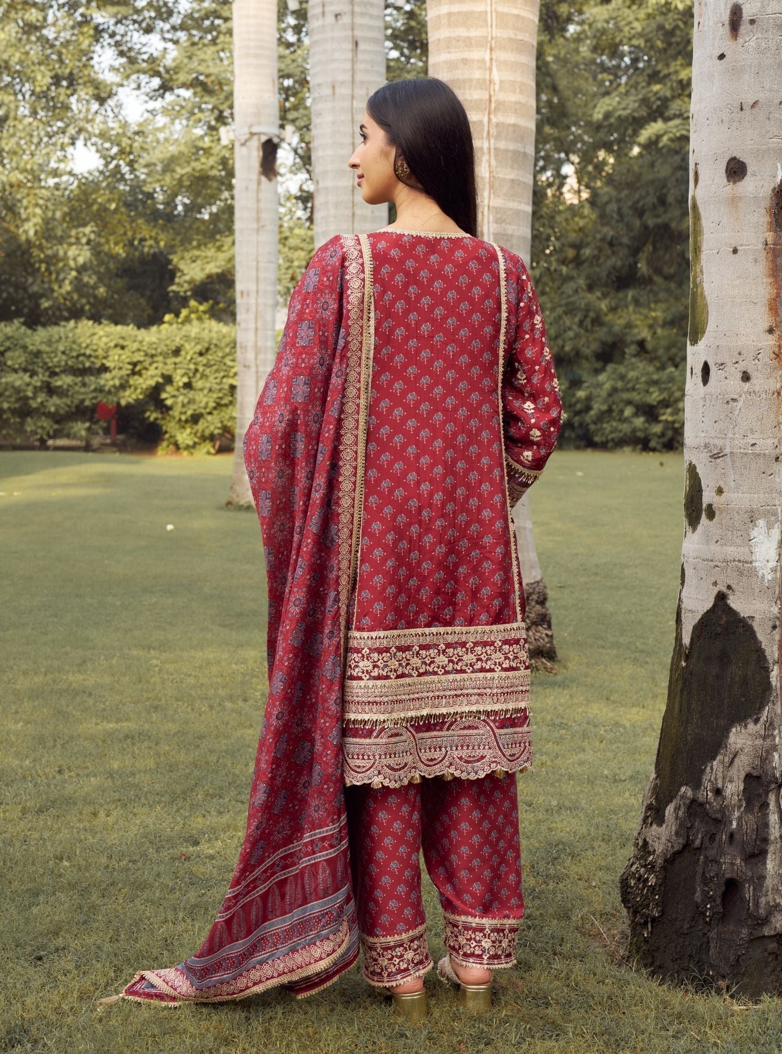 Jhoomar Viscose Glass Organza Red Ajrakh Print Kurta Set