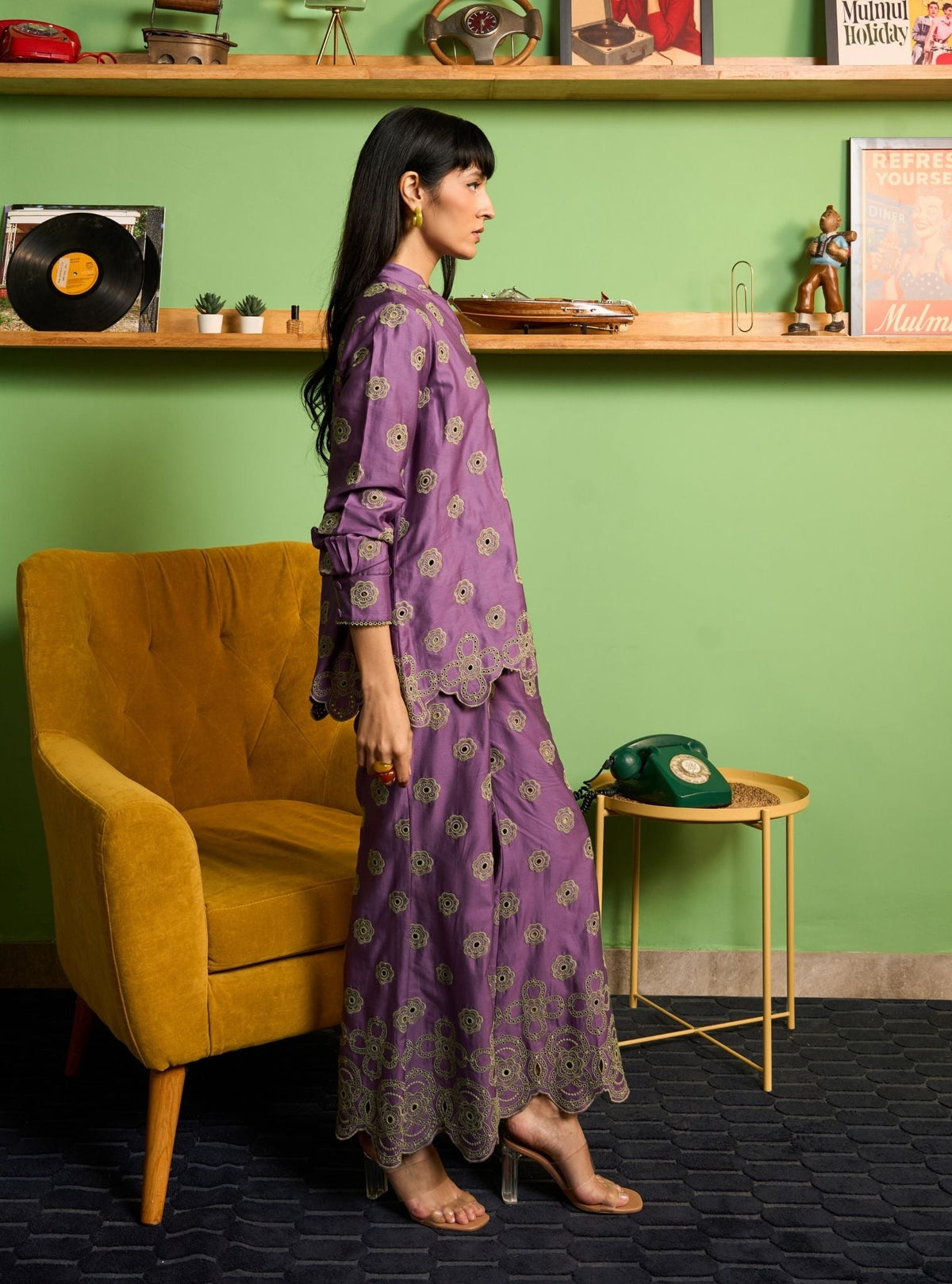 Zivi Pima Satin Violet Shirt Set