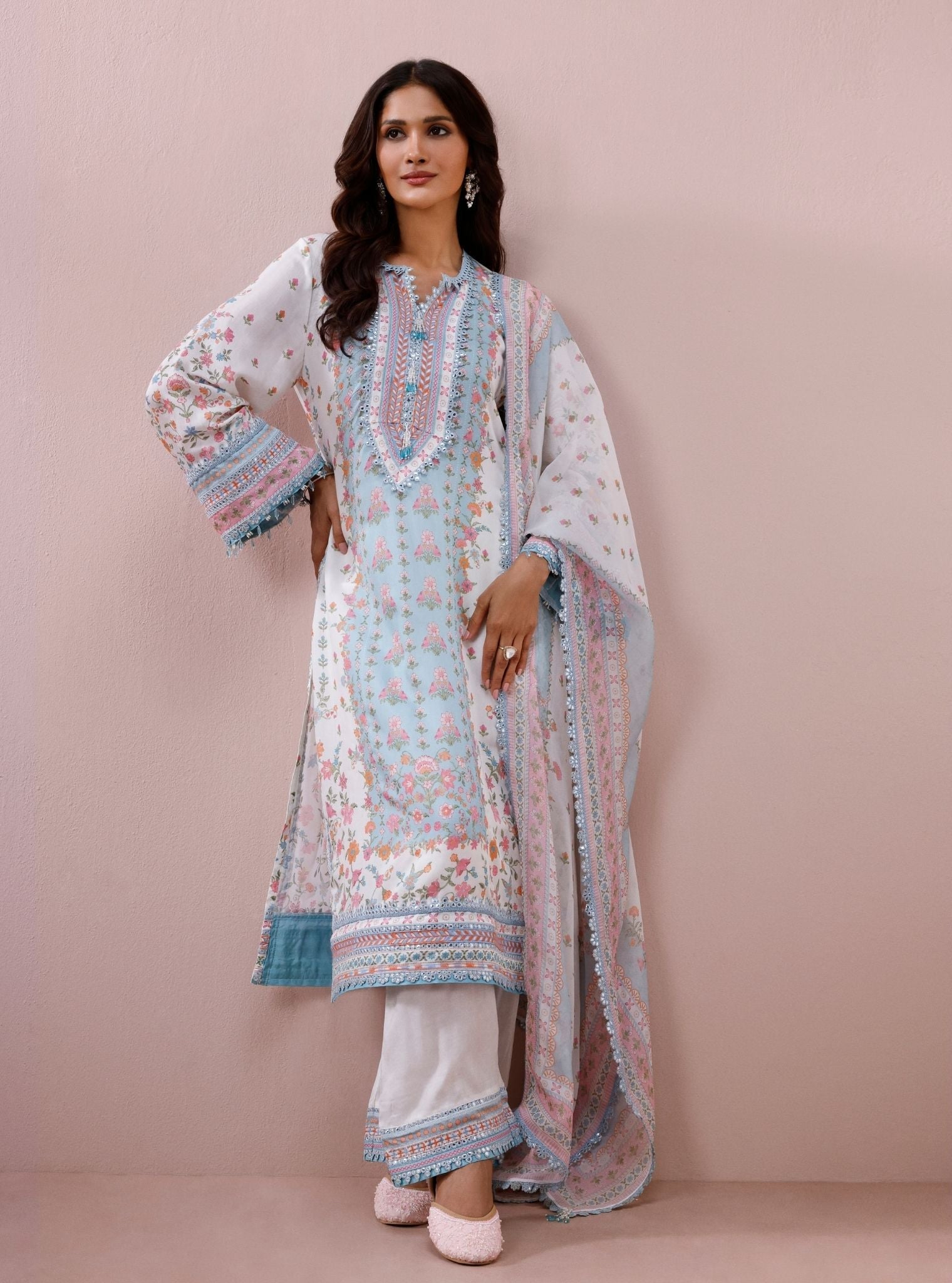 Arohi Lawn Printed White Long Kurta Set