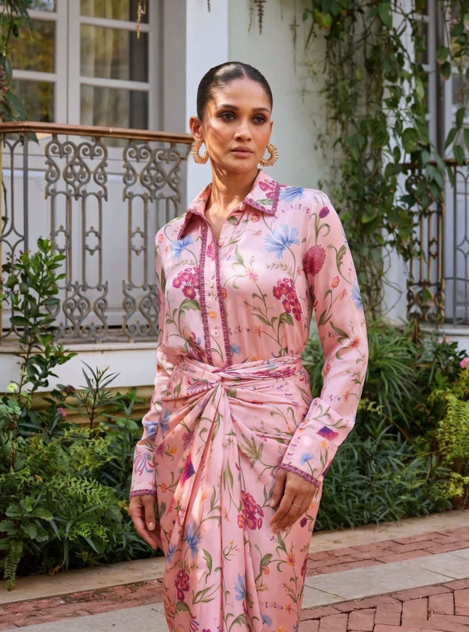 Hasi Cupro Satin Printed Pink Skirt set