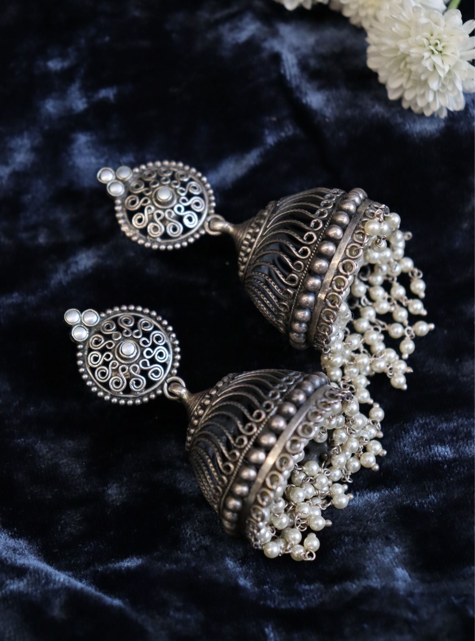 Zinnia Jhumkas with Pearls