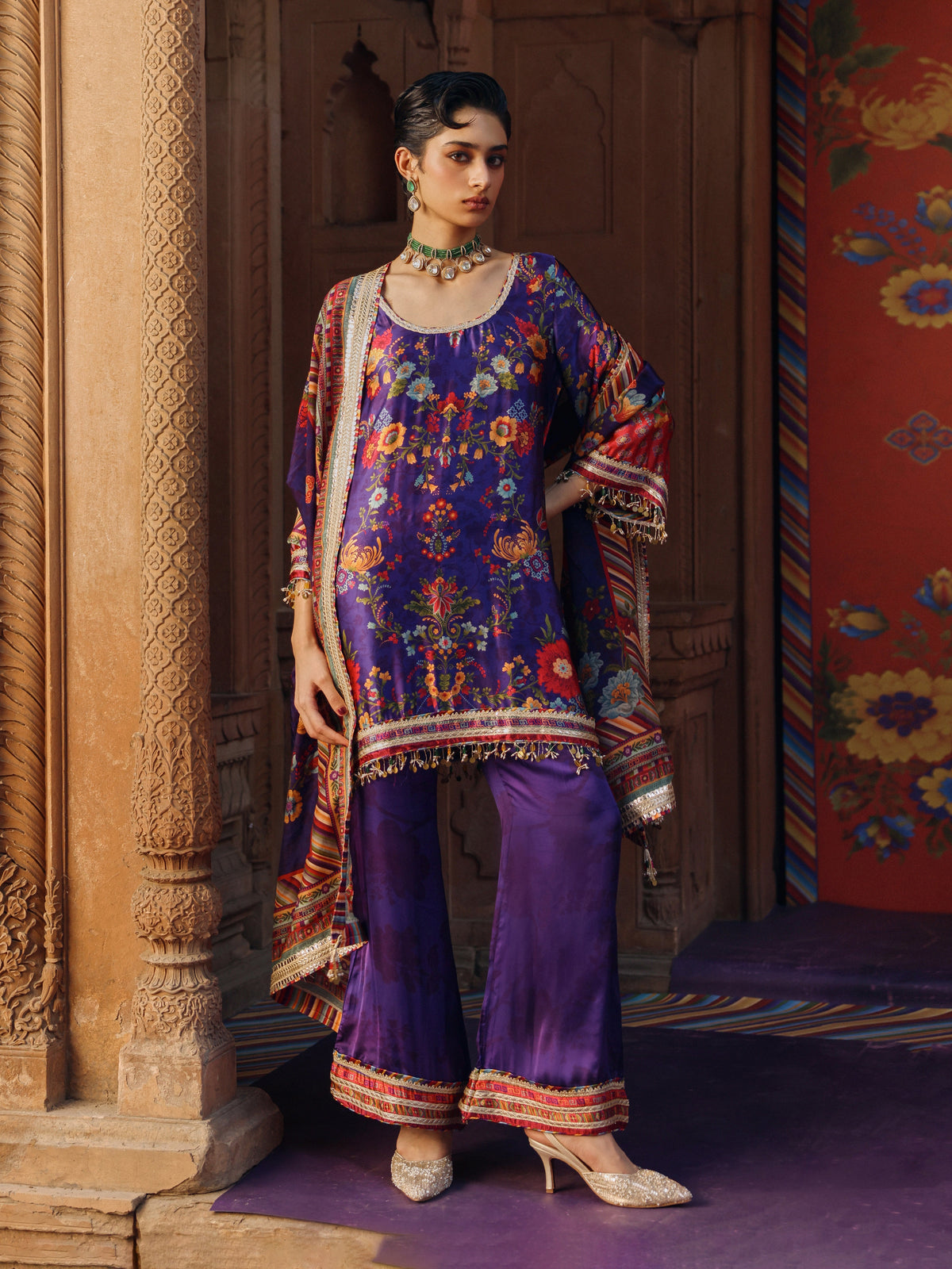 Gheva Cupro Satin Printed Purple Kurta Set