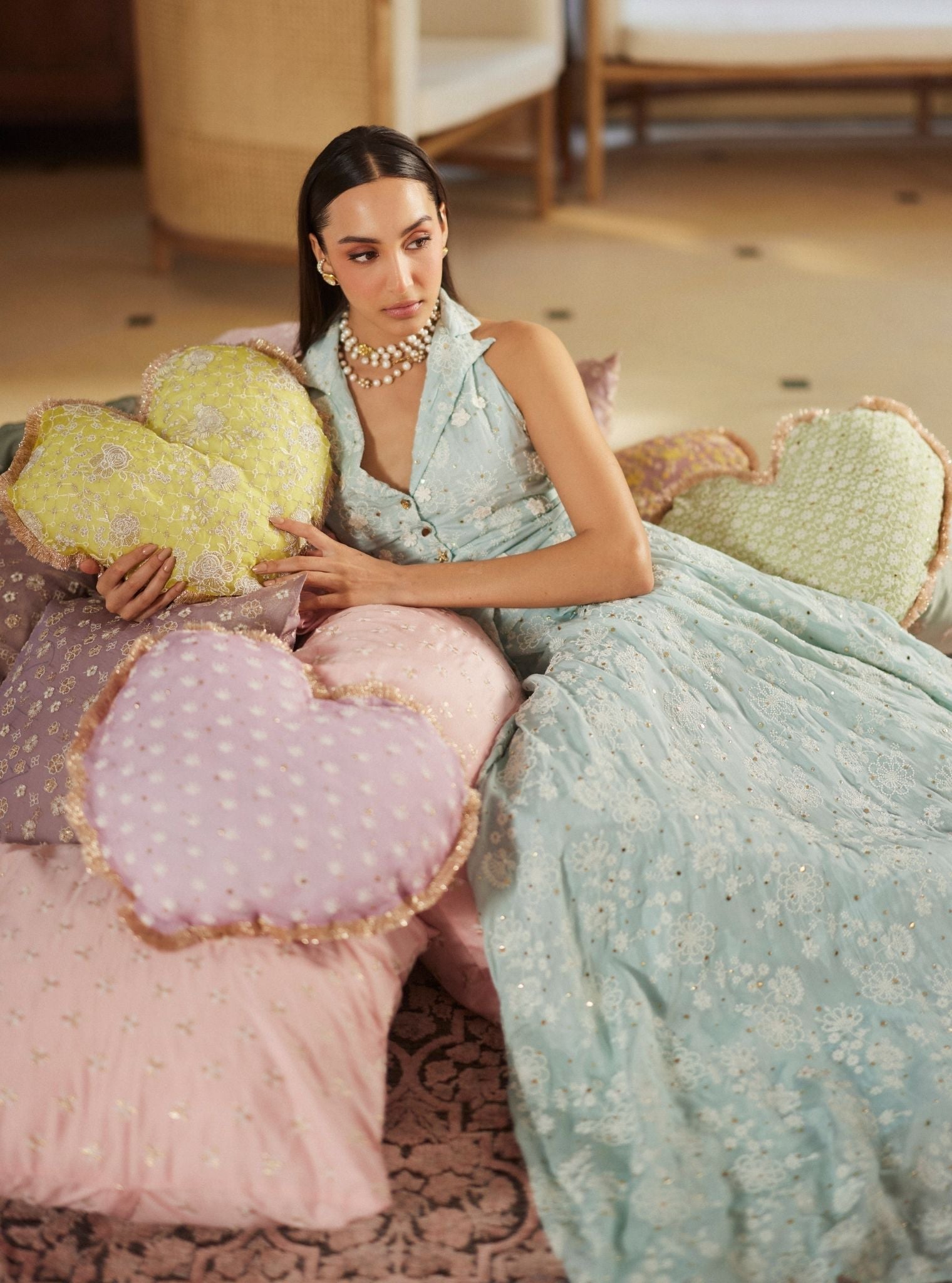 Chavi Mulmul Silk Light Blue Waistcoat with Skirt