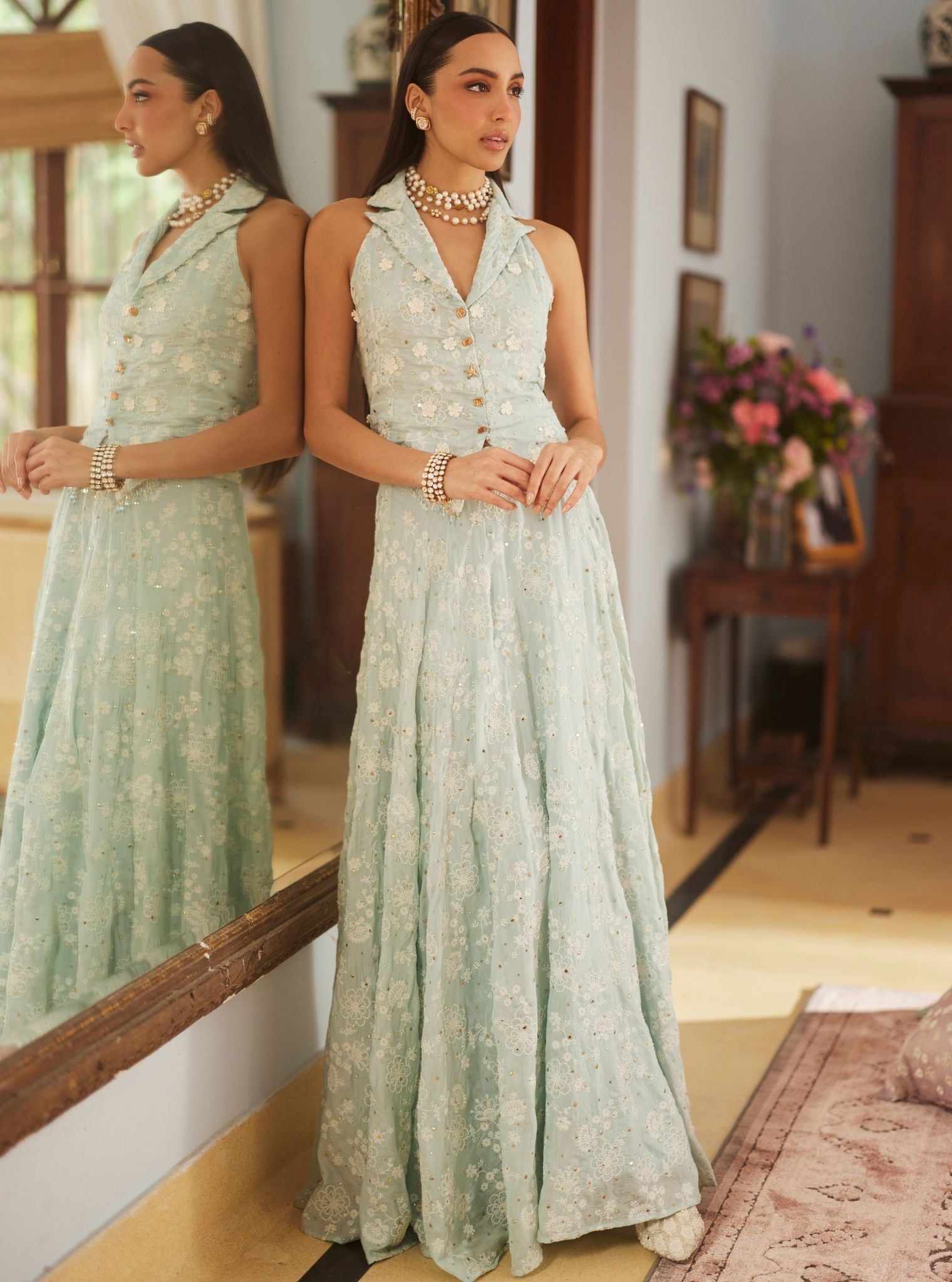 Chavi Mulmul Silk Light Blue Waistcoat with Skirt