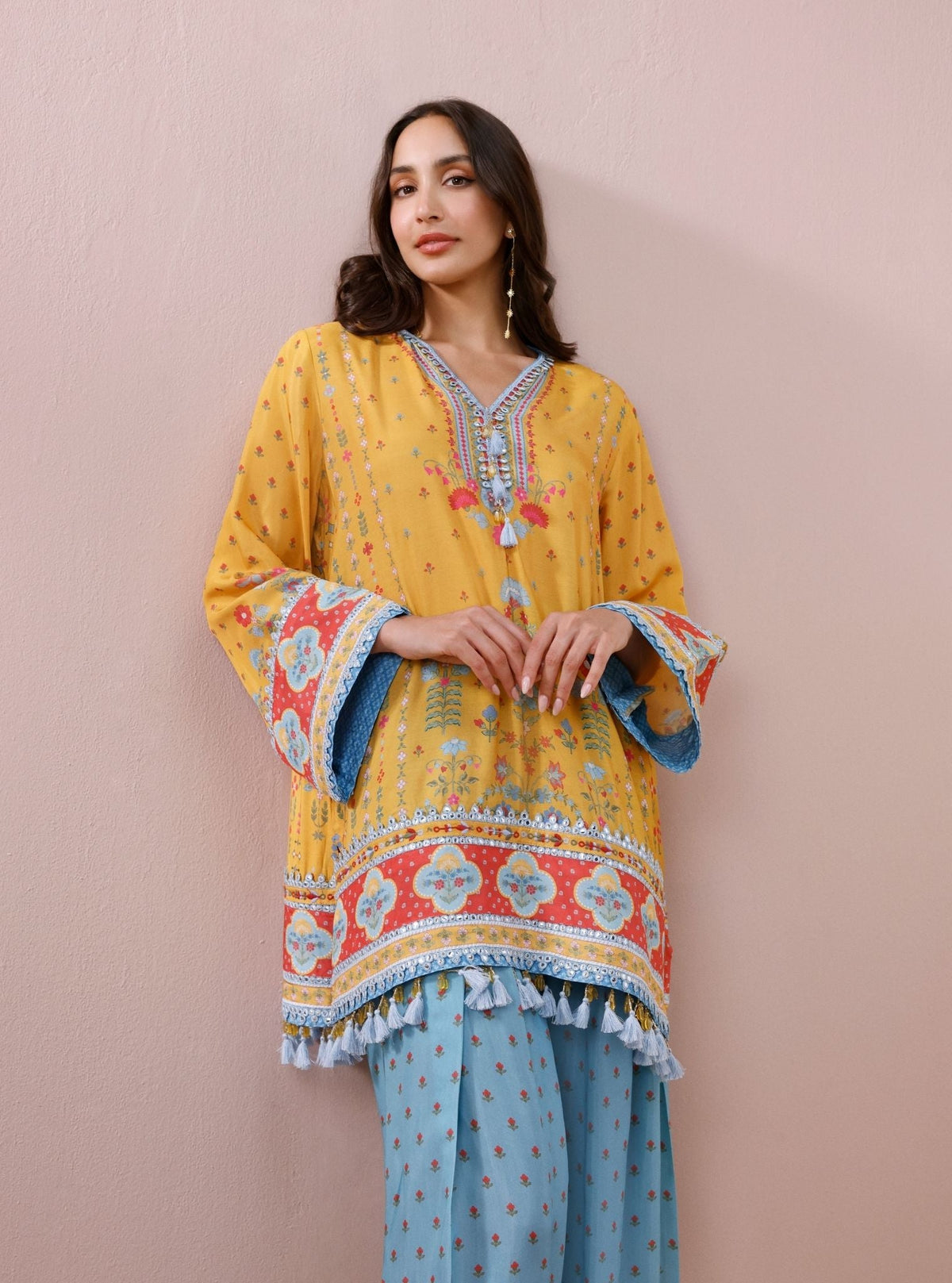 Zariya Lawn Printed Yellow & Teal Kurta with Farshi Salwar