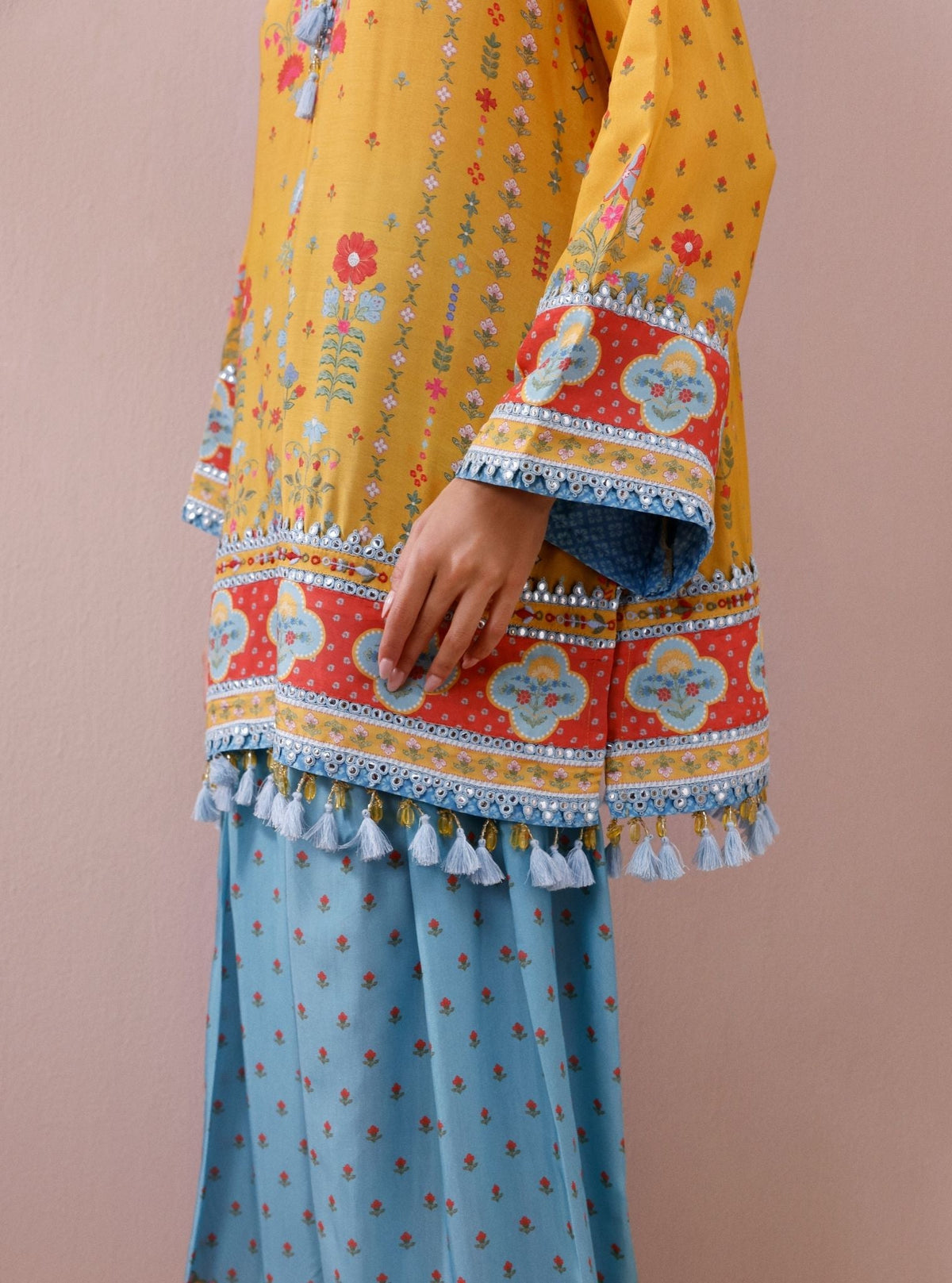 Zariya Lawn Printed Yellow & Teal Kurta with Farshi Salwar
