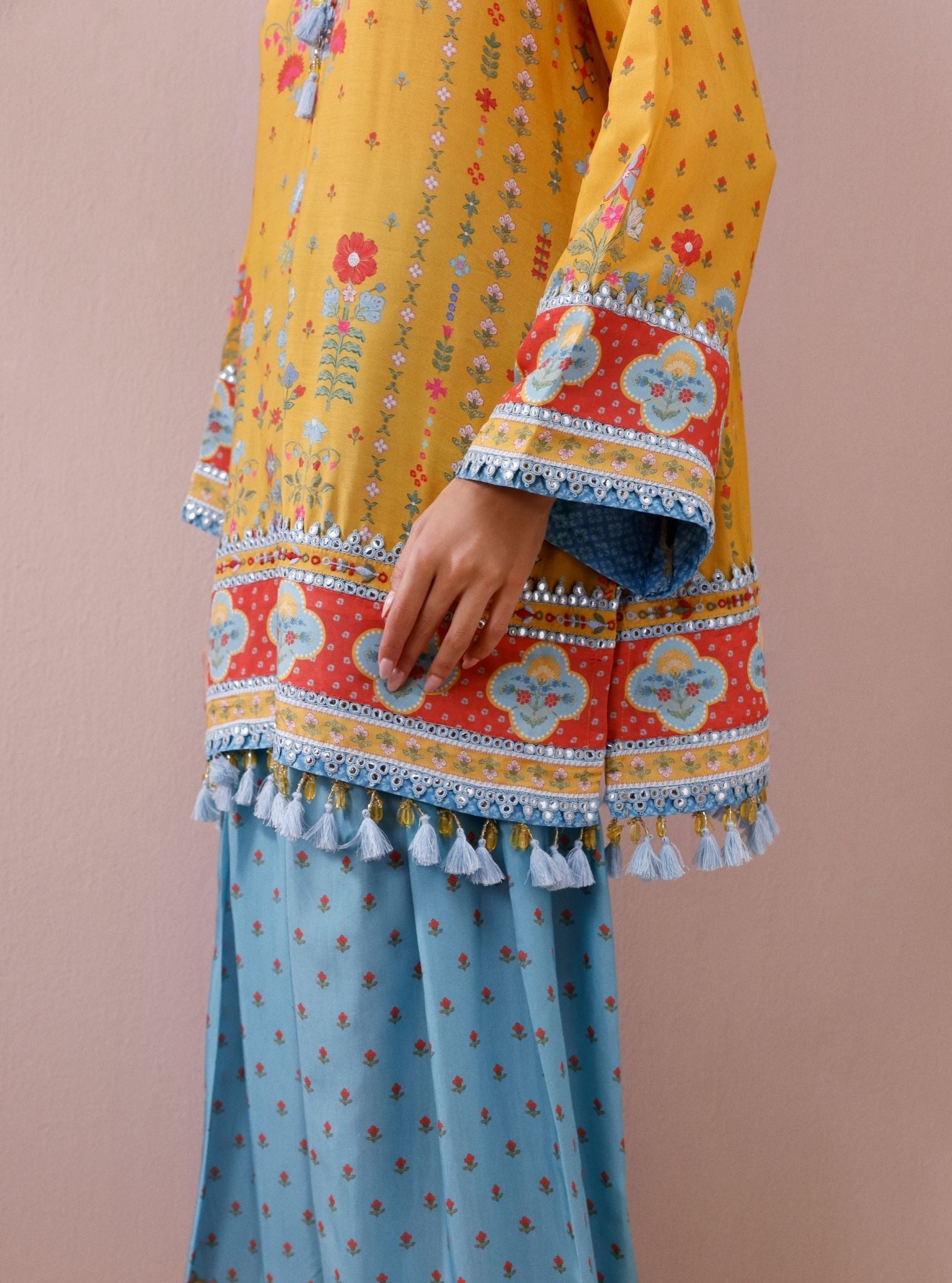 Zariya Lawn Printed Yellow & Teal Kurta with Farshi Salwar