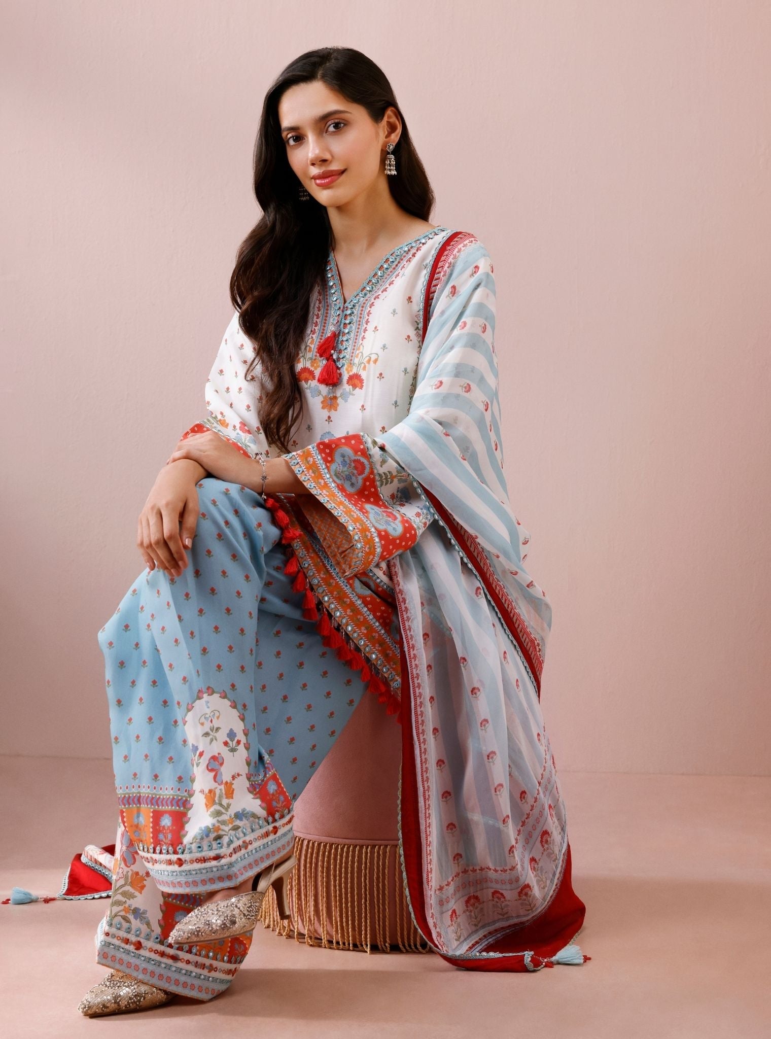 Zariya Lawn Printed Off-White & Teal Kurta with Farshi Salwar