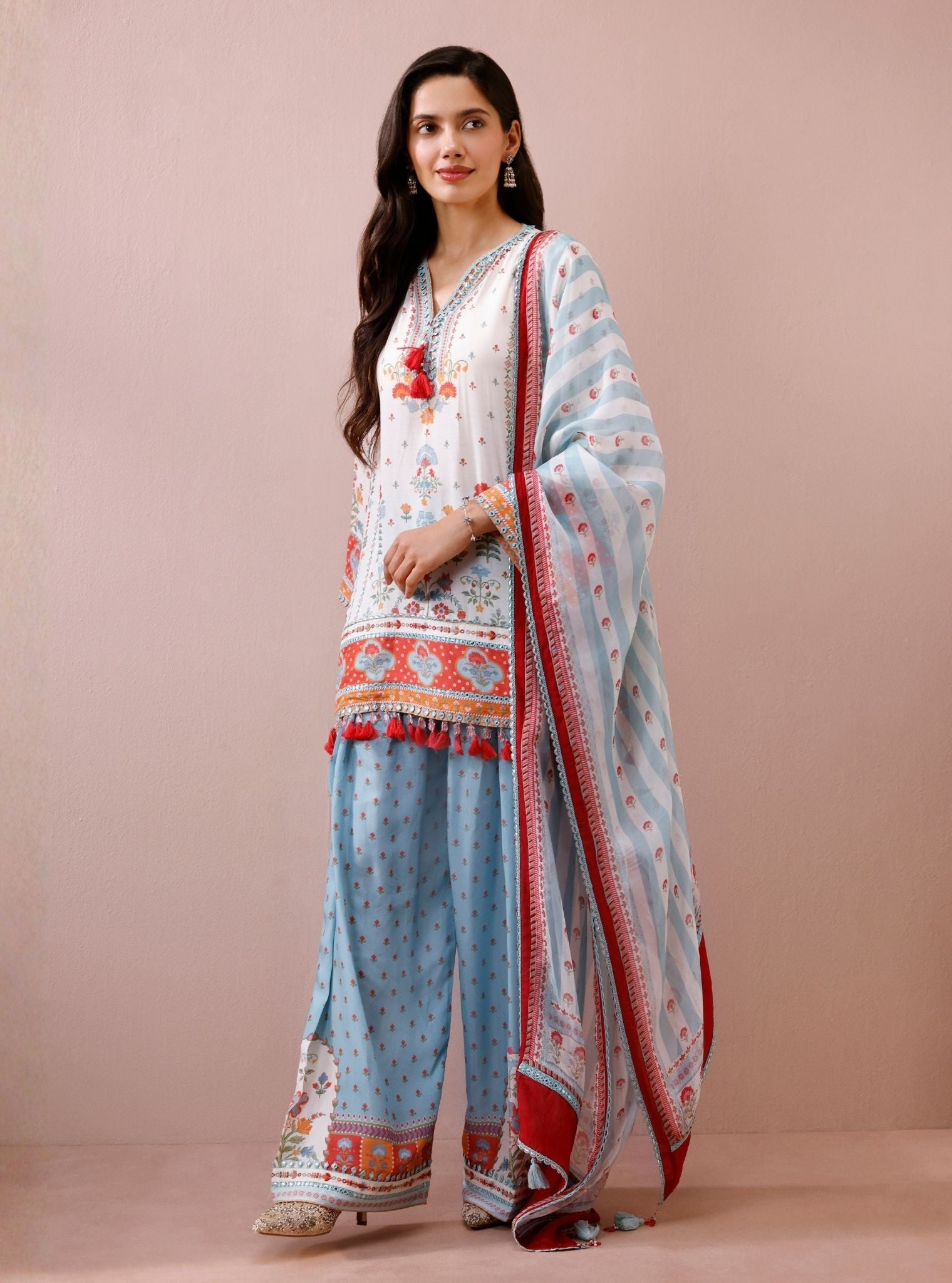 Zariya Lawn Printed Off-White & Teal Kurta with Farshi Salwar