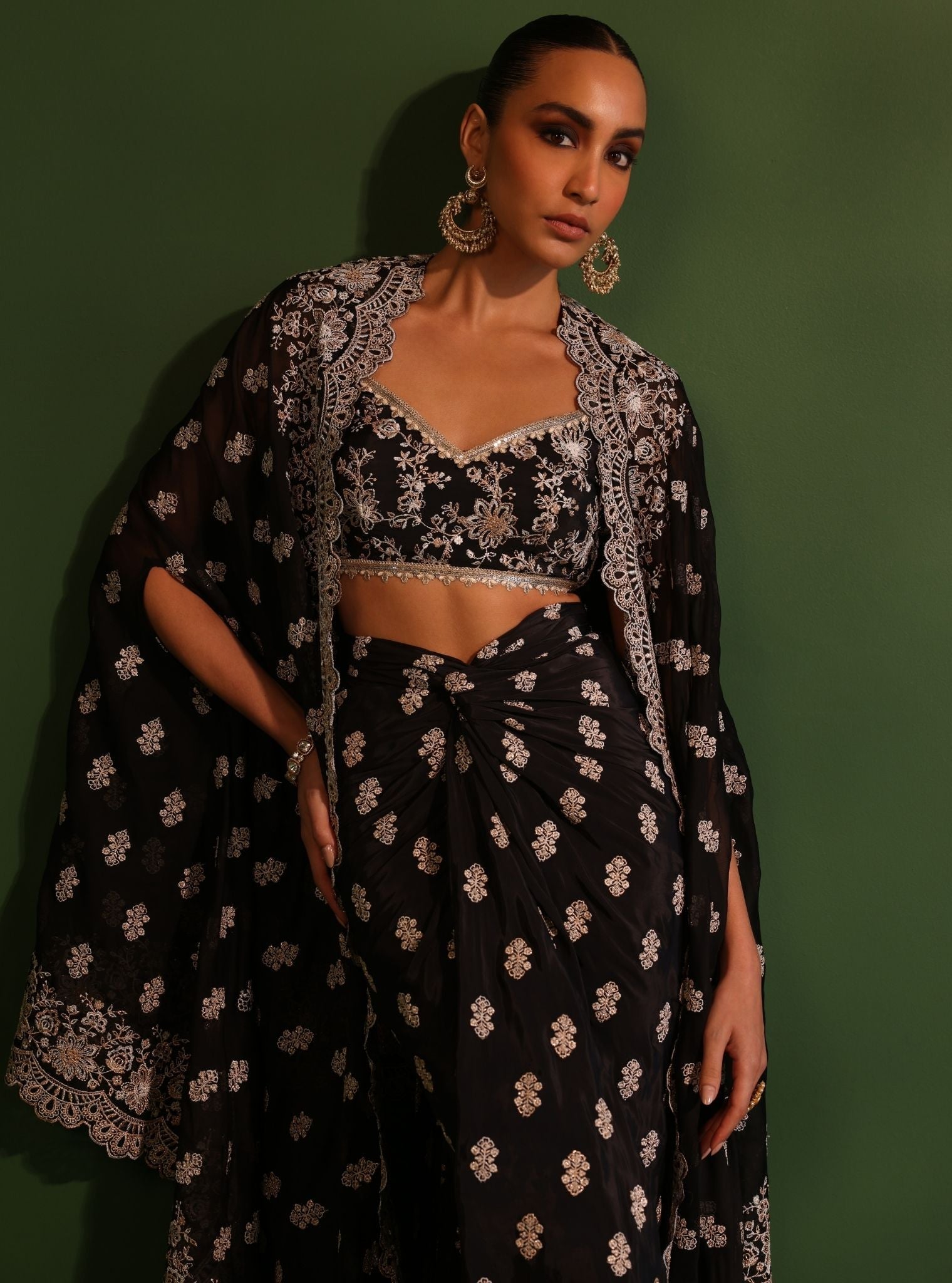 Maya Organza Black Cape Shrug With Skirt