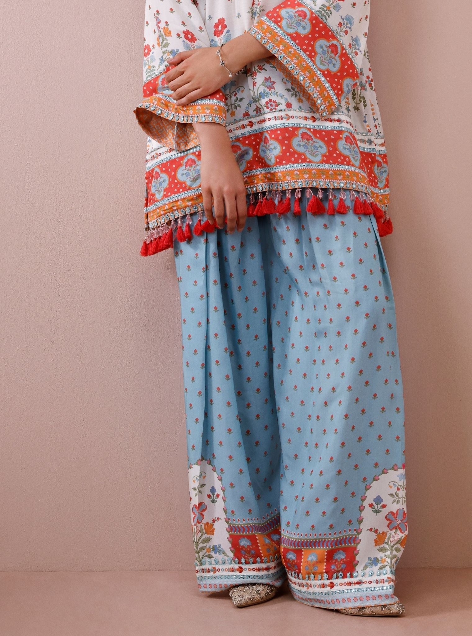 Zariya Lawn Printed Off-White & Teal Kurta with Farshi Salwar