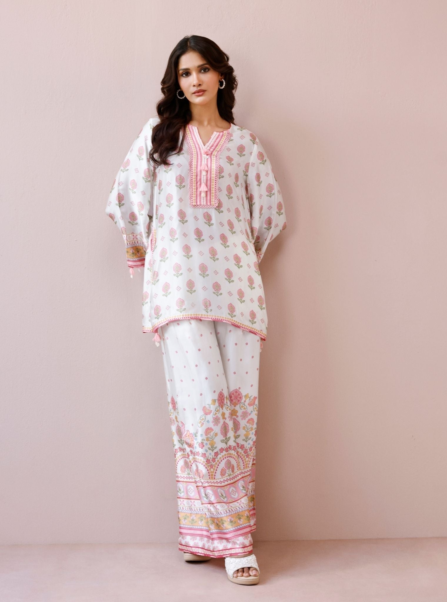 Vela Cupro Satin Printed Off-White Co-ord Set