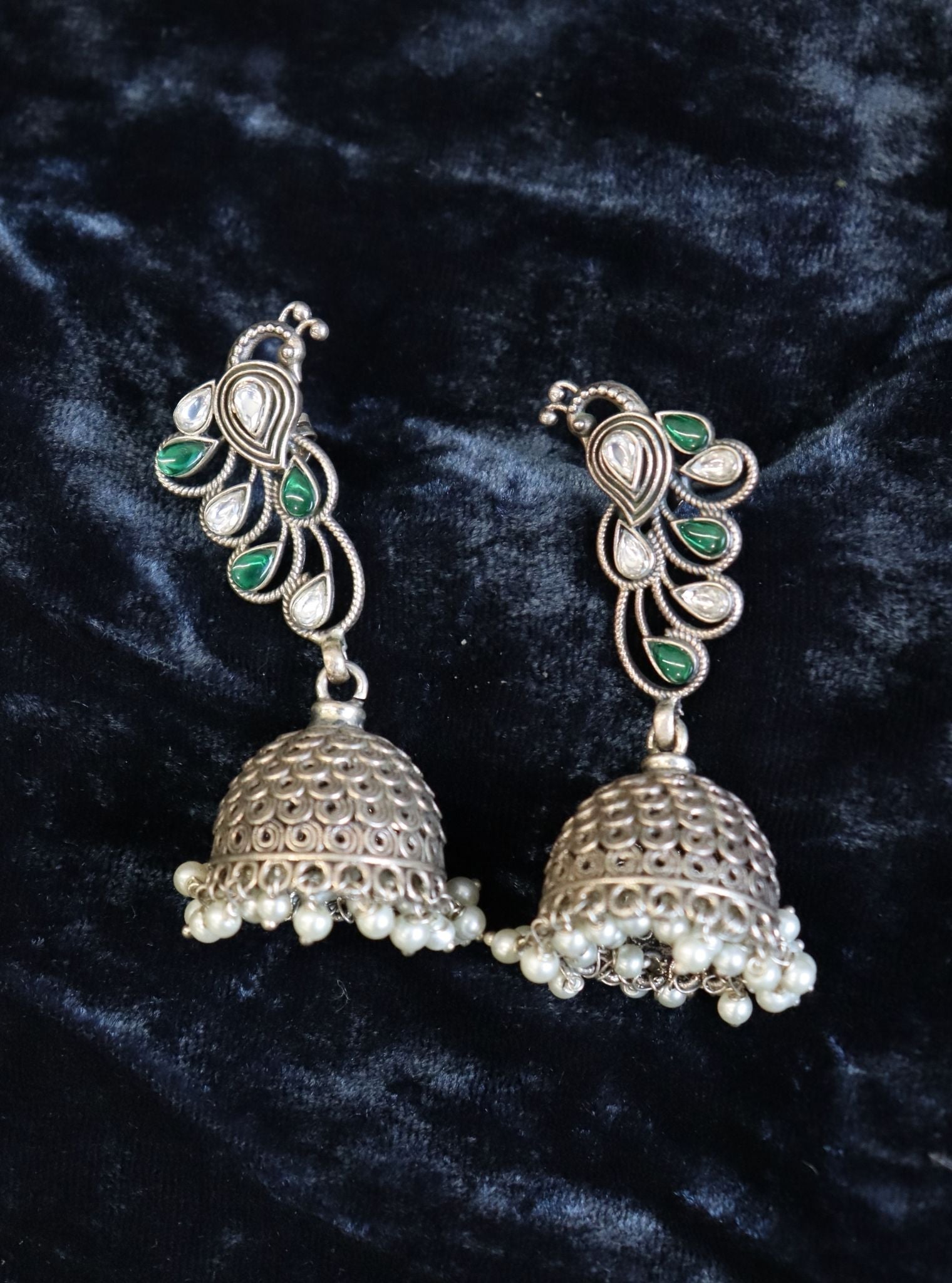 Pure Silver Green Peacock Tribal Jhumka