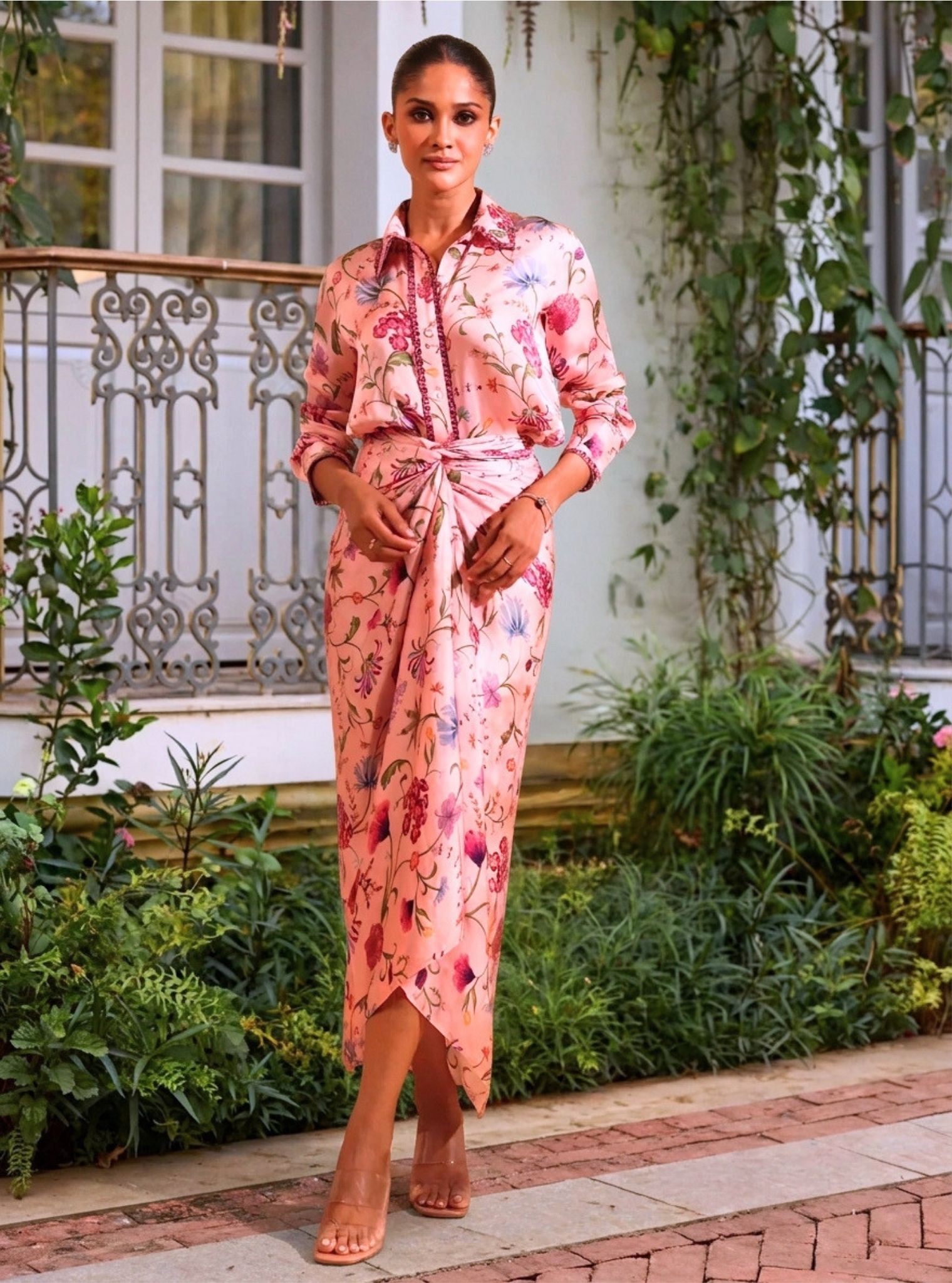Hasi Cupro Satin Printed Pink Skirt set