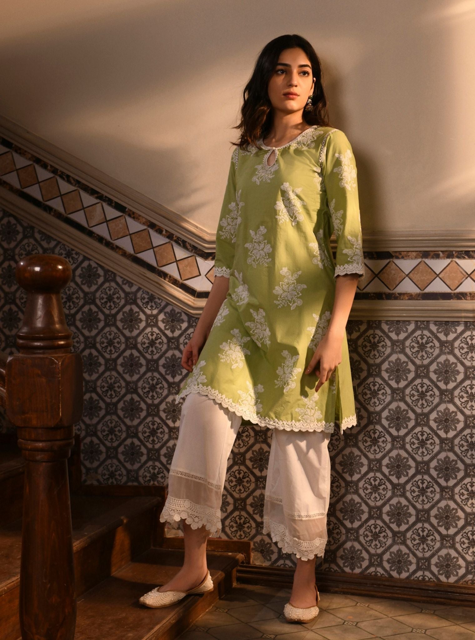 Mulmul Cotton Ayda Light Green Kurta With Mulmul Cotton Floral Lace Flared White Pant