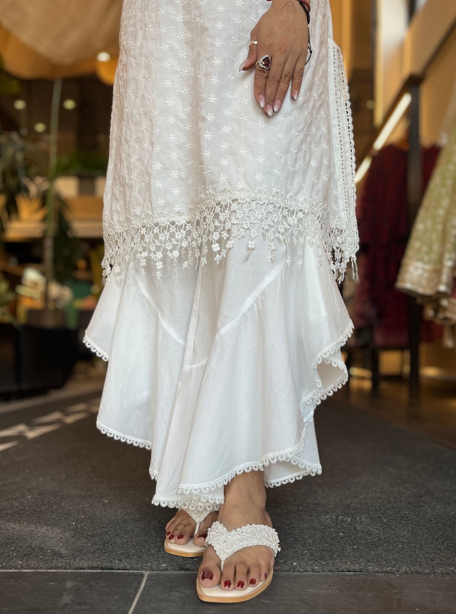 Mulmul Cotton Juana Kurta With Mulmul Cotton Ruffle White Pant