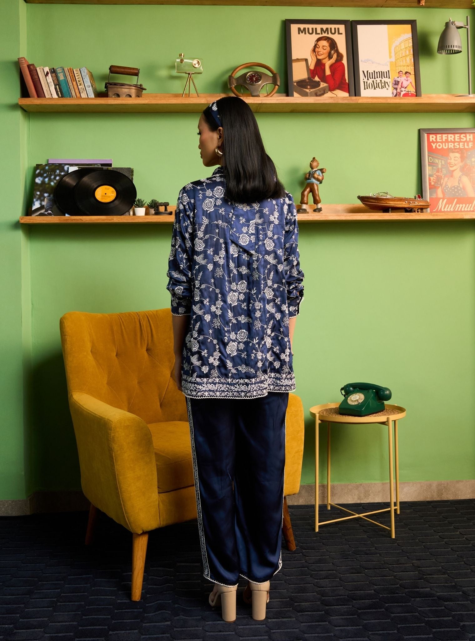 Zuvina Cupro Satin Navy Shirt Set