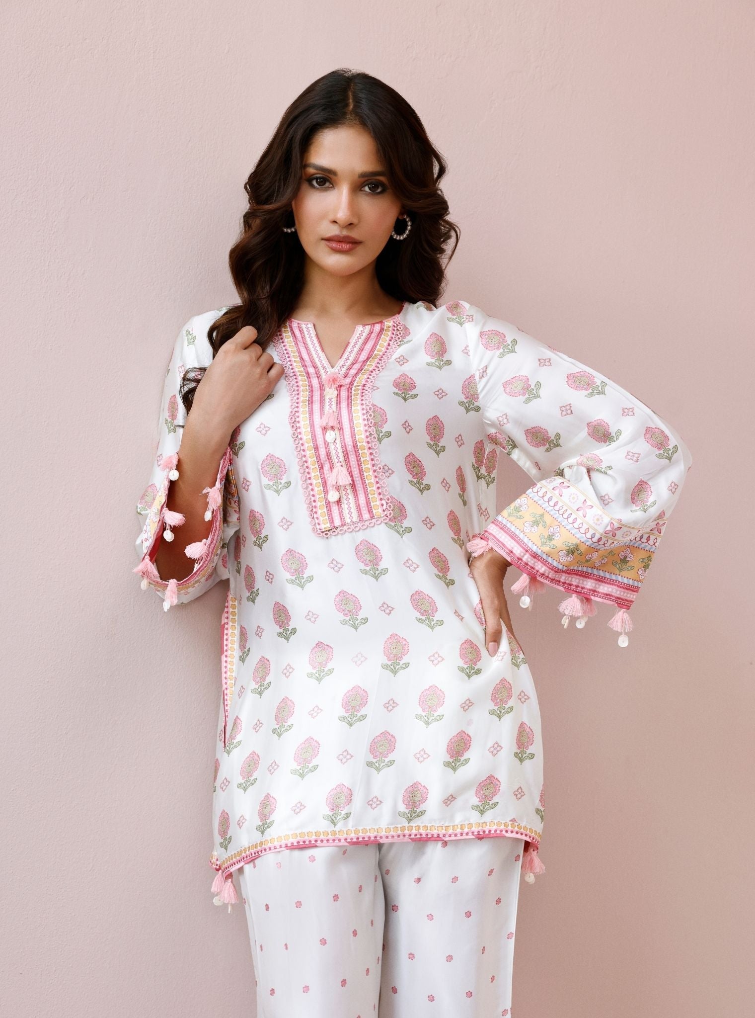 Vela Cupro Satin Printed Off-White Co-ord Set