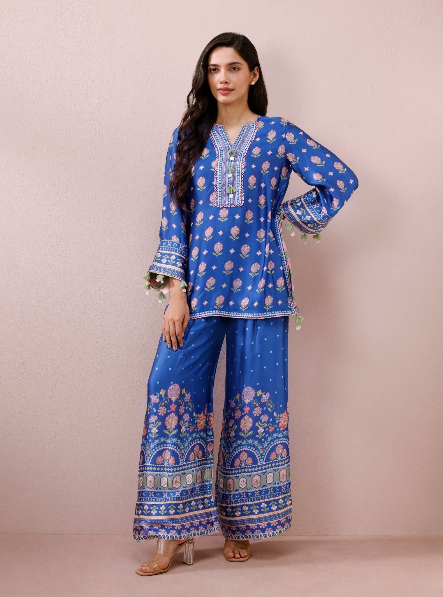Vela Cupro Satin Printed Navy Co-ord Set