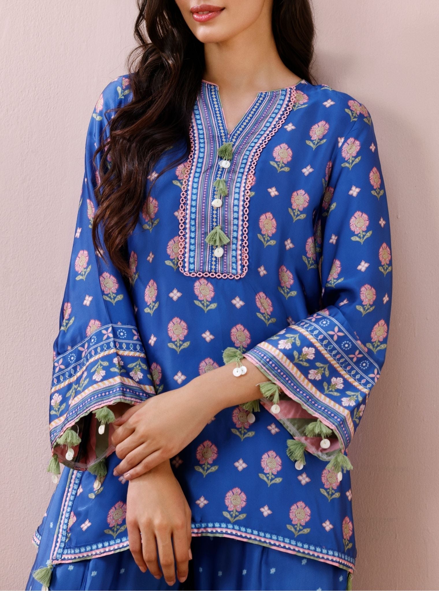 Vela Cupro Satin Printed Navy Co-ord Set