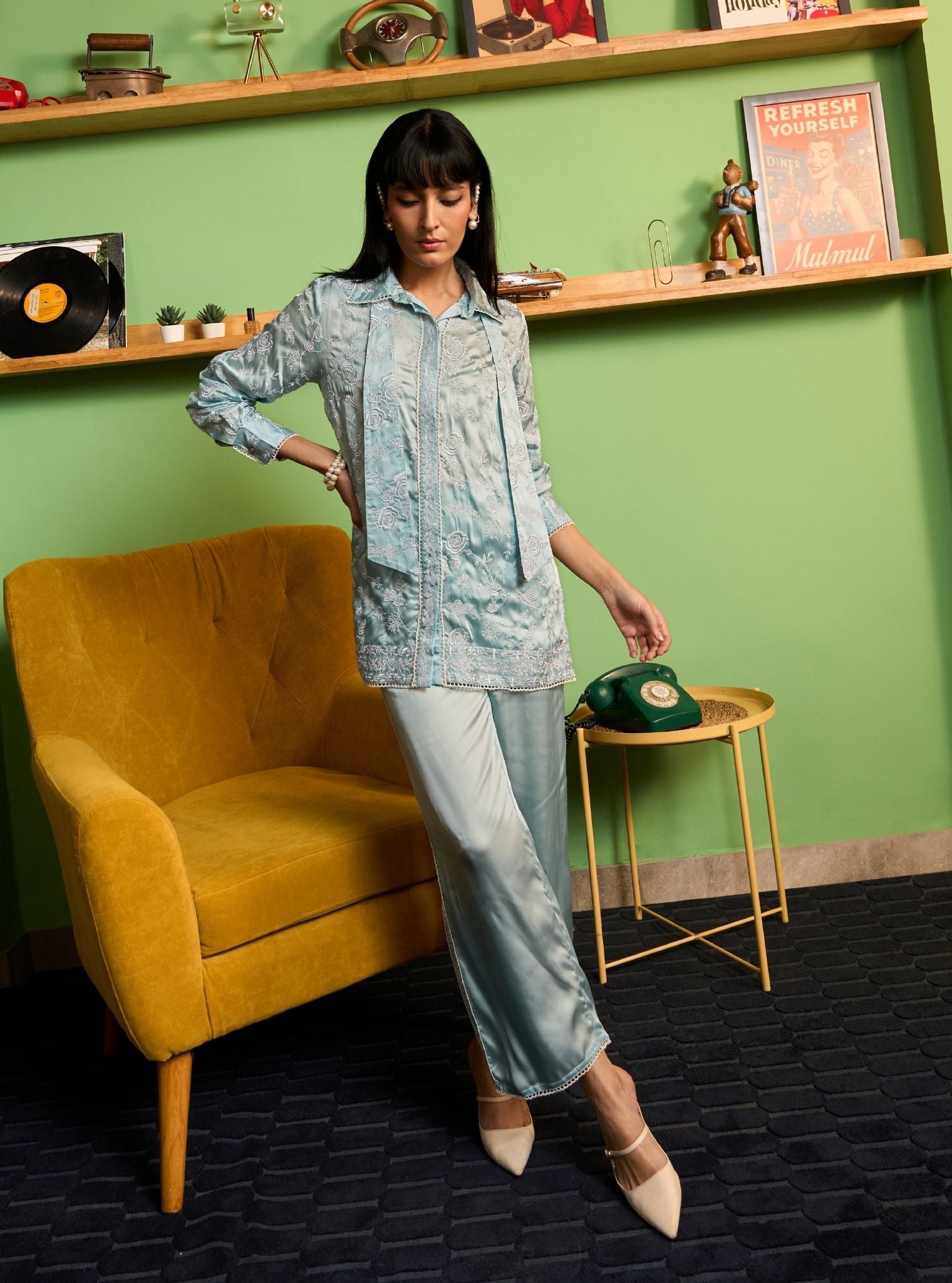 Zuvina Cupro Satin Blue Shirt Set